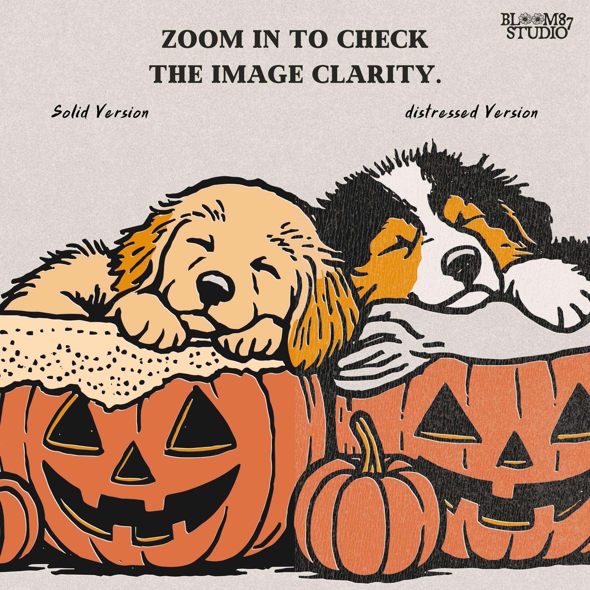 Solid version: "Two puppies sleeping inside jack o lantern pumpkins, Halloween sublimation PNG, cute dog clipart solid version"

Distressed version: "Halloween puppies in carved pumpkins, sublimation PNG design, vintage distressed style clipart"