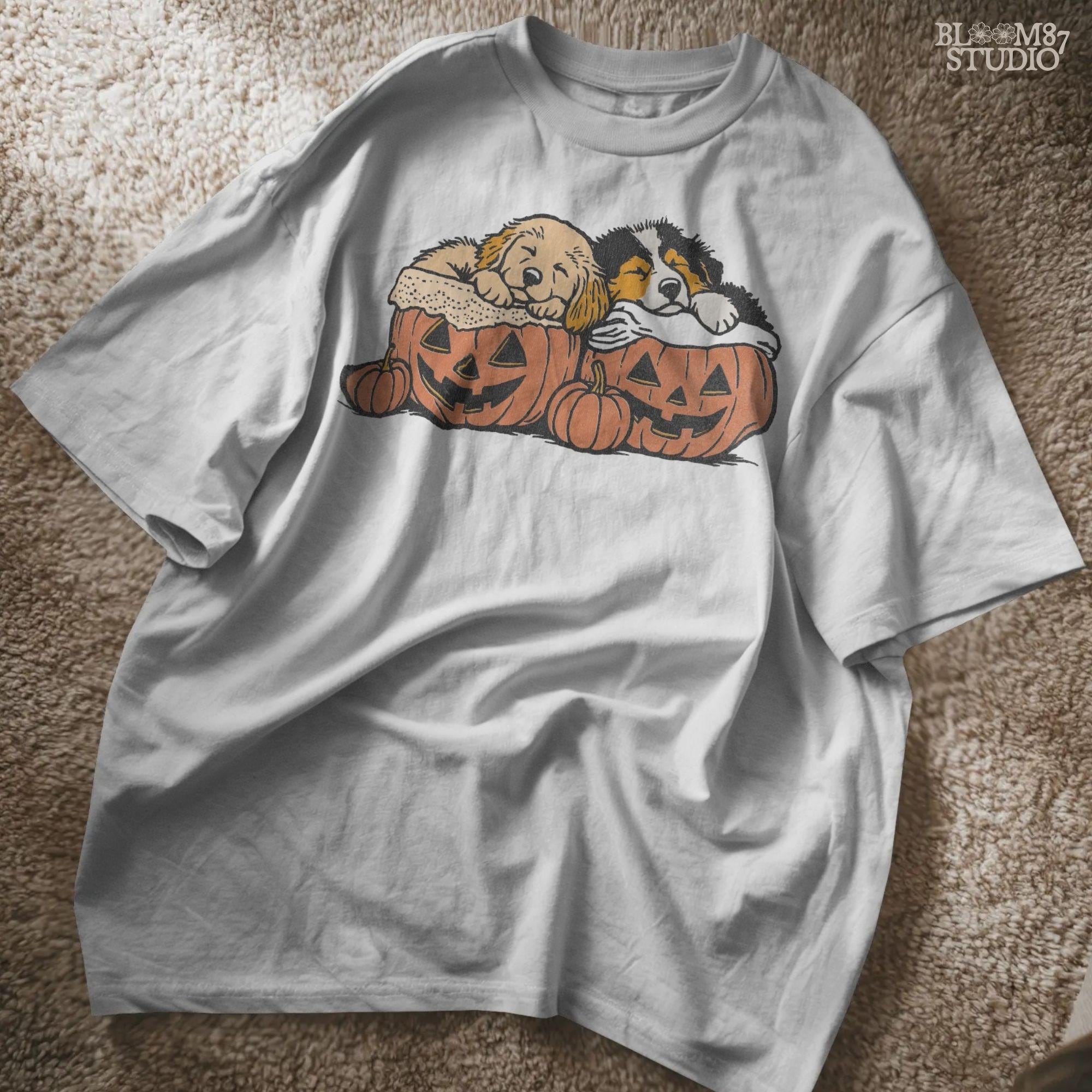 Solid version: "Two puppies sleeping inside jack o lantern pumpkins, Halloween sublimation PNG, cute dog clipart solid version"

Distressed version: "Halloween puppies in carved pumpkins, sublimation PNG design, vintage distressed style clipart"