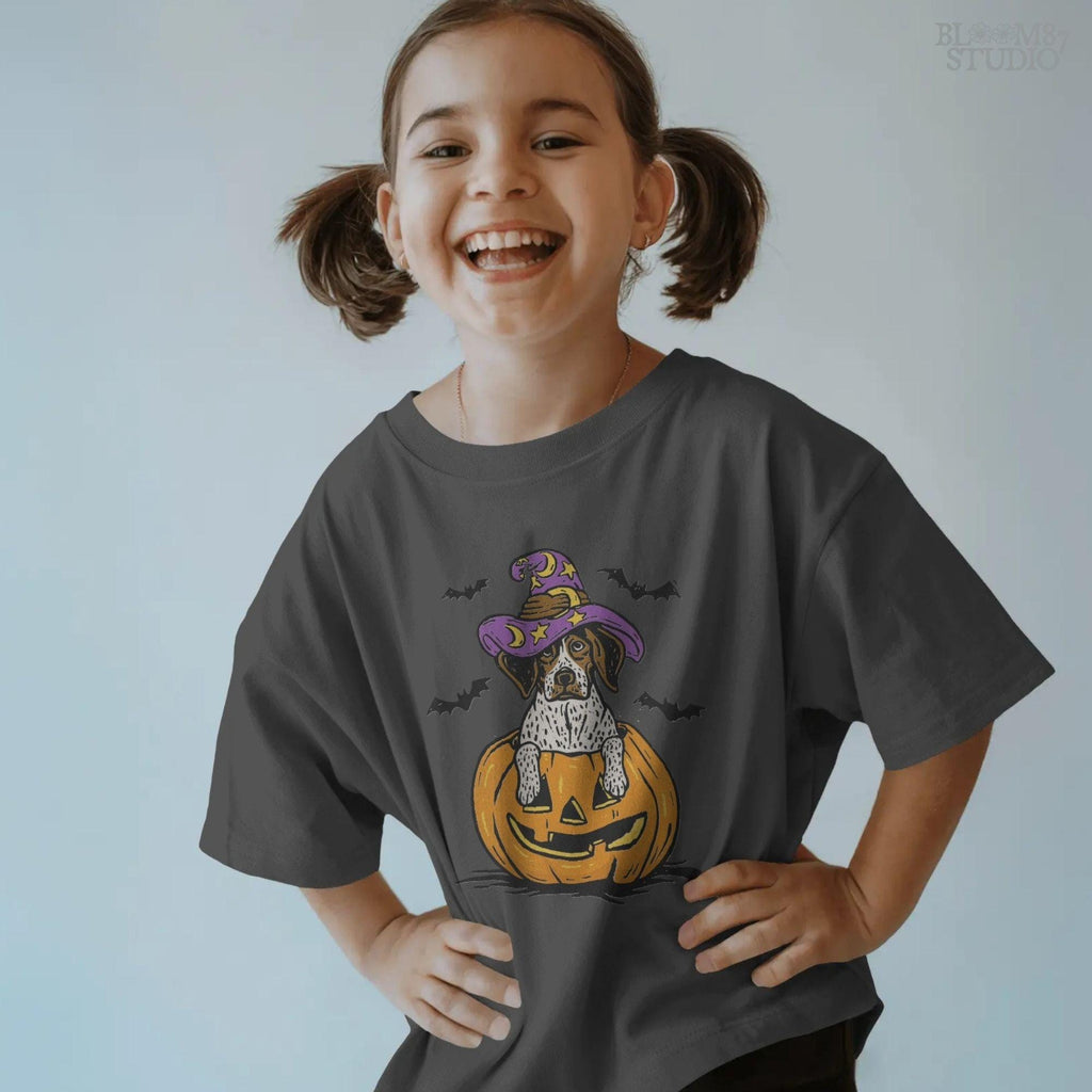 Solid version: "Puppy in pumpkin jack o lantern wearing purple witch hat with bats, Halloween sublimation PNG, solid style"

Distressed version: "Halloween puppy in carved pumpkin with witch hat and bats, sublimation PNG, vintage distressed version"