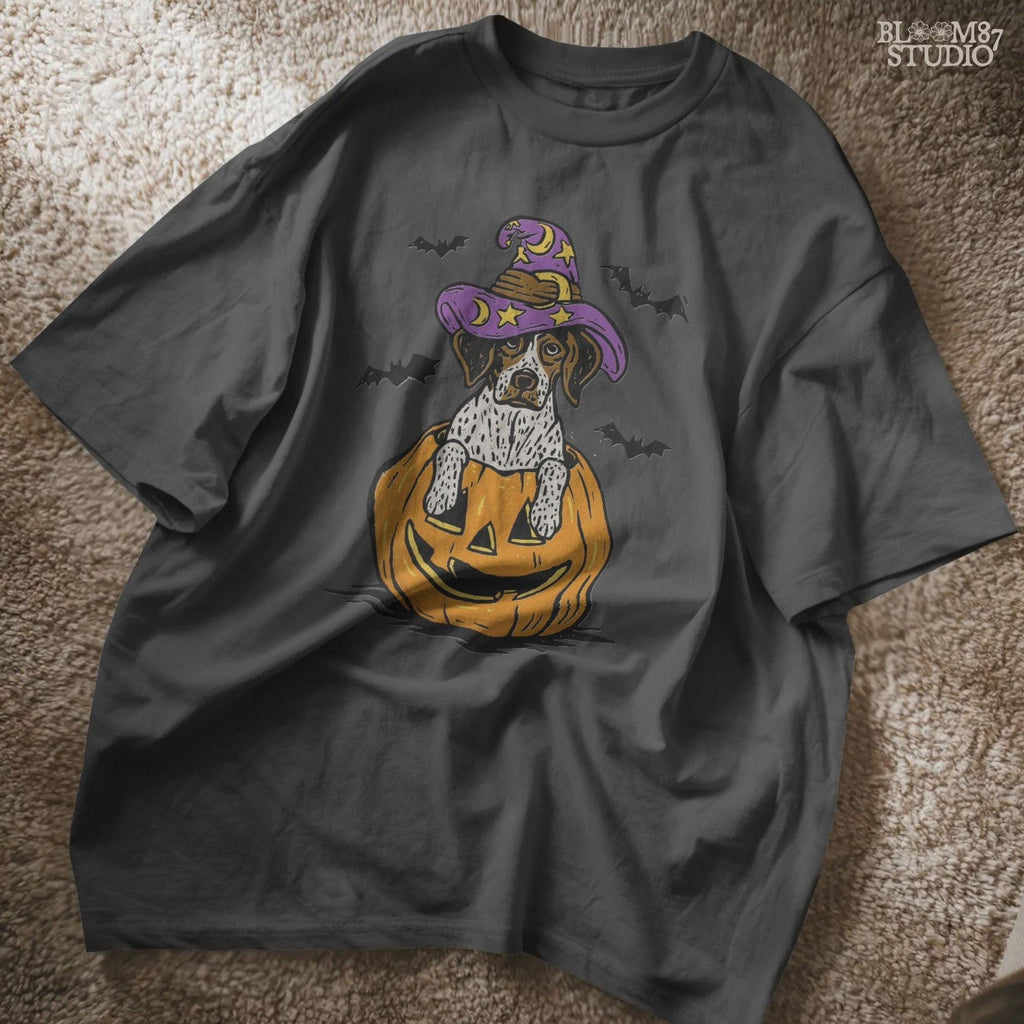 Solid version: "Puppy in pumpkin jack o lantern wearing purple witch hat with bats, Halloween sublimation PNG, solid style"

Distressed version: "Halloween puppy in carved pumpkin with witch hat and bats, sublimation PNG, vintage distressed version"