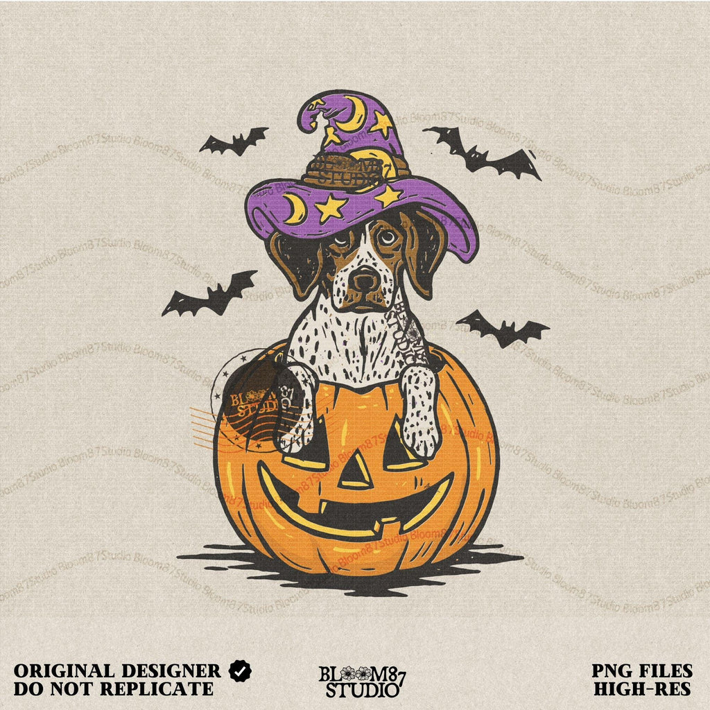 Solid version: "Puppy in pumpkin jack o lantern wearing purple witch hat with bats, Halloween sublimation PNG, solid style"

Distressed version: "Halloween puppy in carved pumpkin with witch hat and bats, sublimation PNG, vintage distressed version"