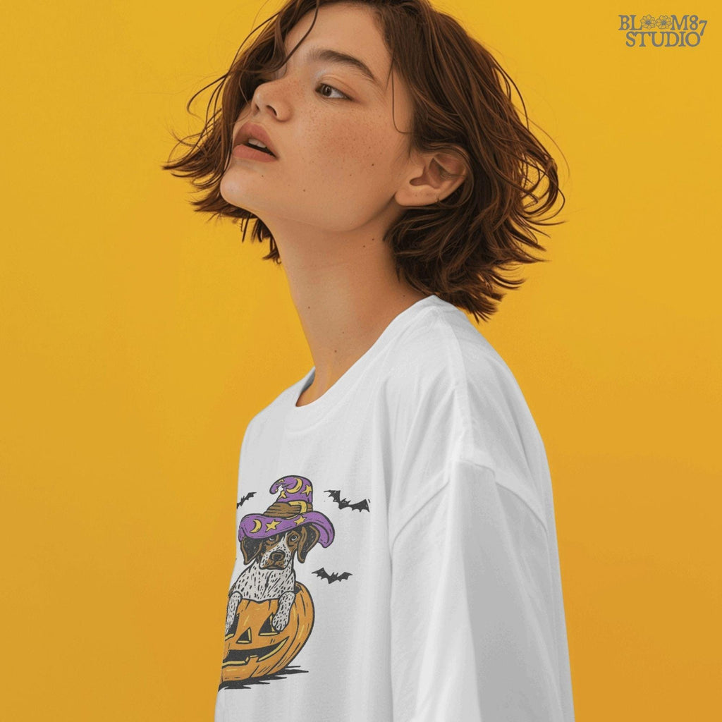 Solid version: "Puppy in pumpkin jack o lantern wearing purple witch hat with bats, Halloween sublimation PNG, solid style"

Distressed version: "Halloween puppy in carved pumpkin with witch hat and bats, sublimation PNG, vintage distressed version"