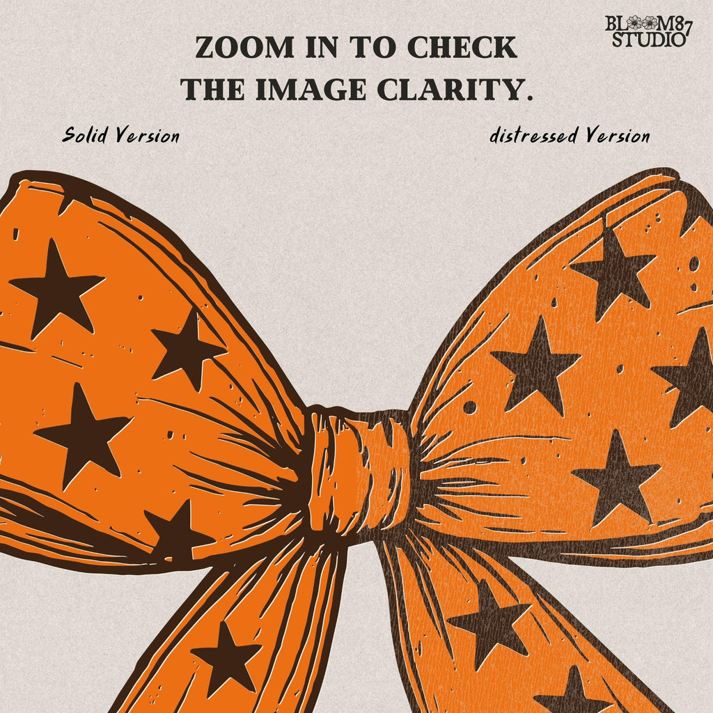 Solid version: "Orange Halloween bow with black star pattern, sublimation PNG ribbon clipart, solid version"

Distressed version: "Halloween bow sublimation PNG with orange star ribbon, vintage distressed textured style"