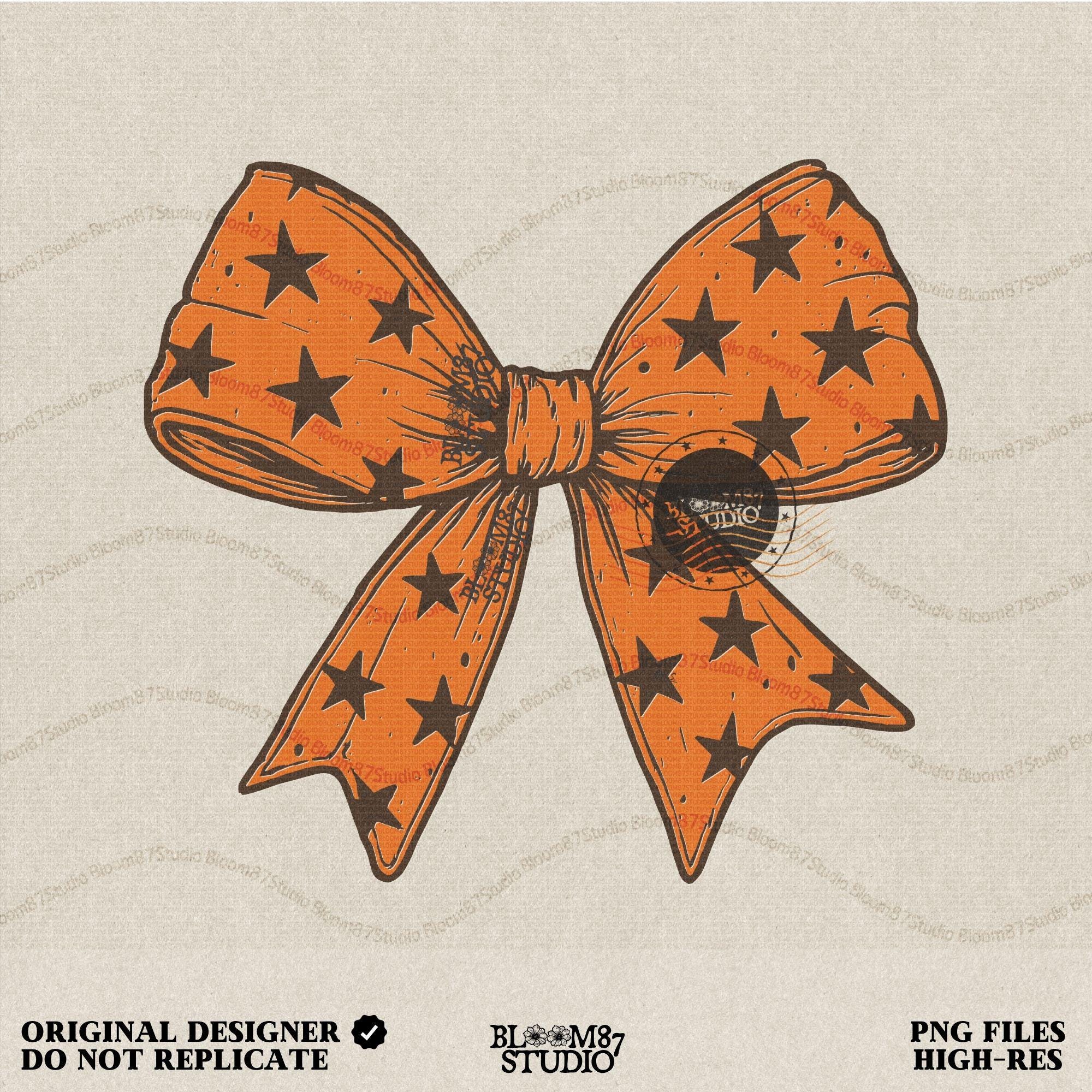 Solid version: "Orange Halloween bow with black star pattern, sublimation PNG ribbon clipart, solid version"

Distressed version: "Halloween bow sublimation PNG with orange star ribbon, vintage distressed textured style"