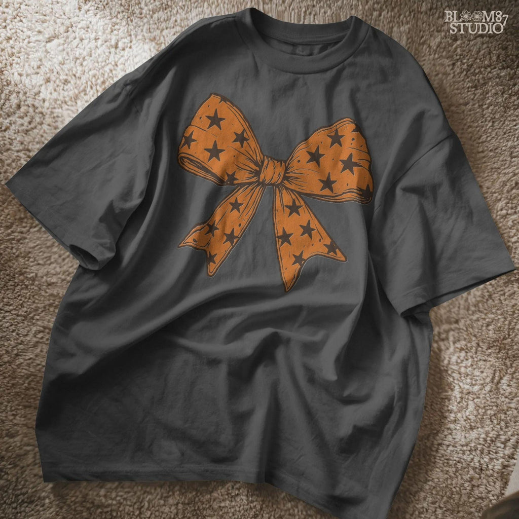 Solid version: "Orange Halloween bow with black star pattern, sublimation PNG ribbon clipart, solid version"

Distressed version: "Halloween bow sublimation PNG with orange star ribbon, vintage distressed textured style"
