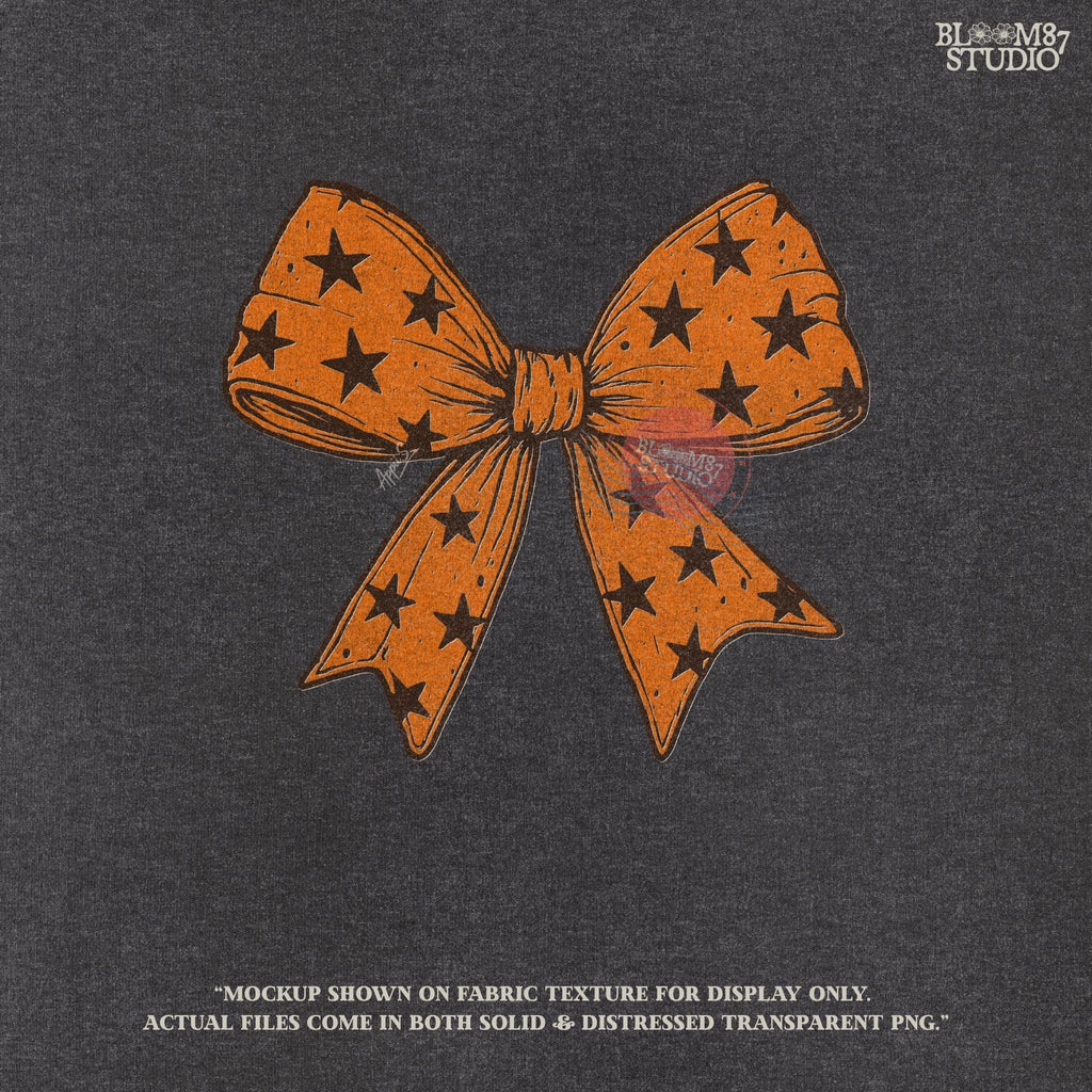 Solid version: "Orange Halloween bow with black star pattern, sublimation PNG ribbon clipart, solid version"

Distressed version: "Halloween bow sublimation PNG with orange star ribbon, vintage distressed textured style"