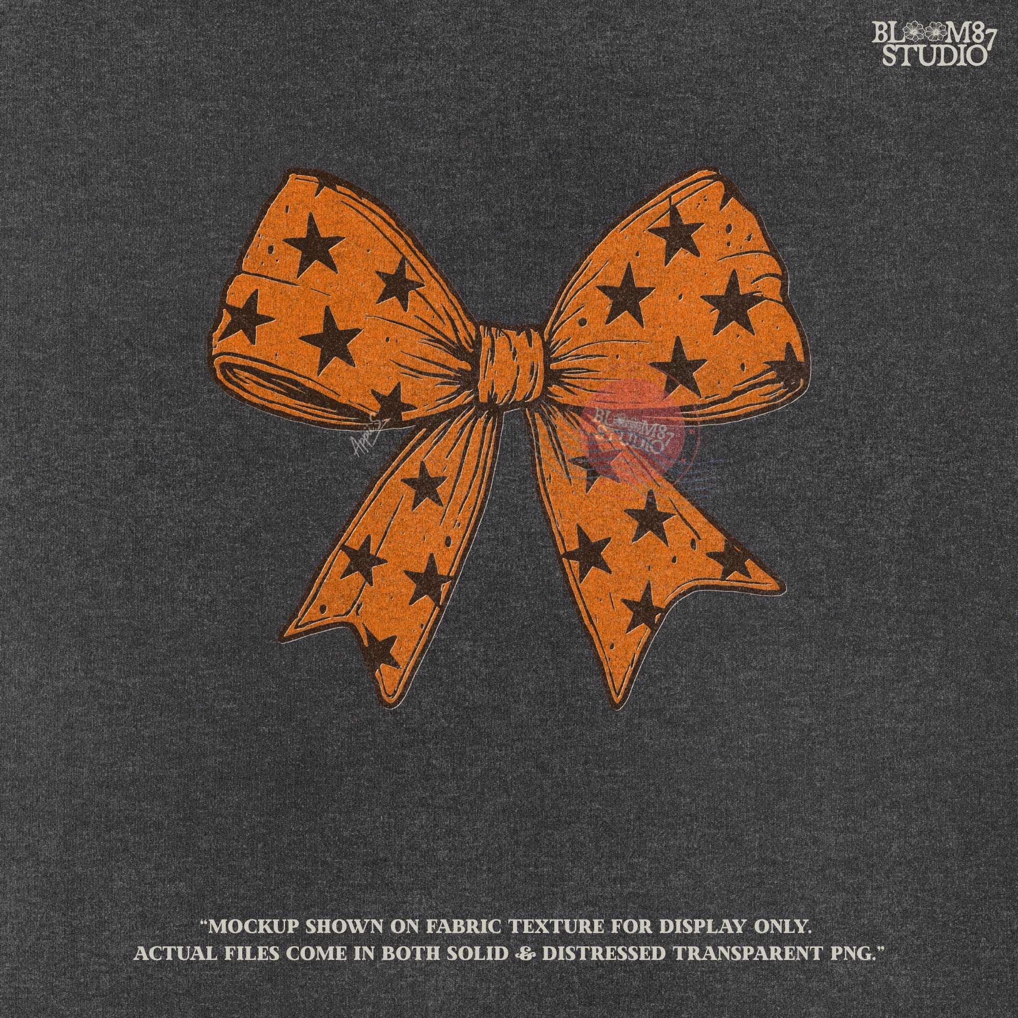 Solid version: "Orange Halloween bow with black star pattern, sublimation PNG ribbon clipart, solid version"

Distressed version: "Halloween bow sublimation PNG with orange star ribbon, vintage distressed textured style"