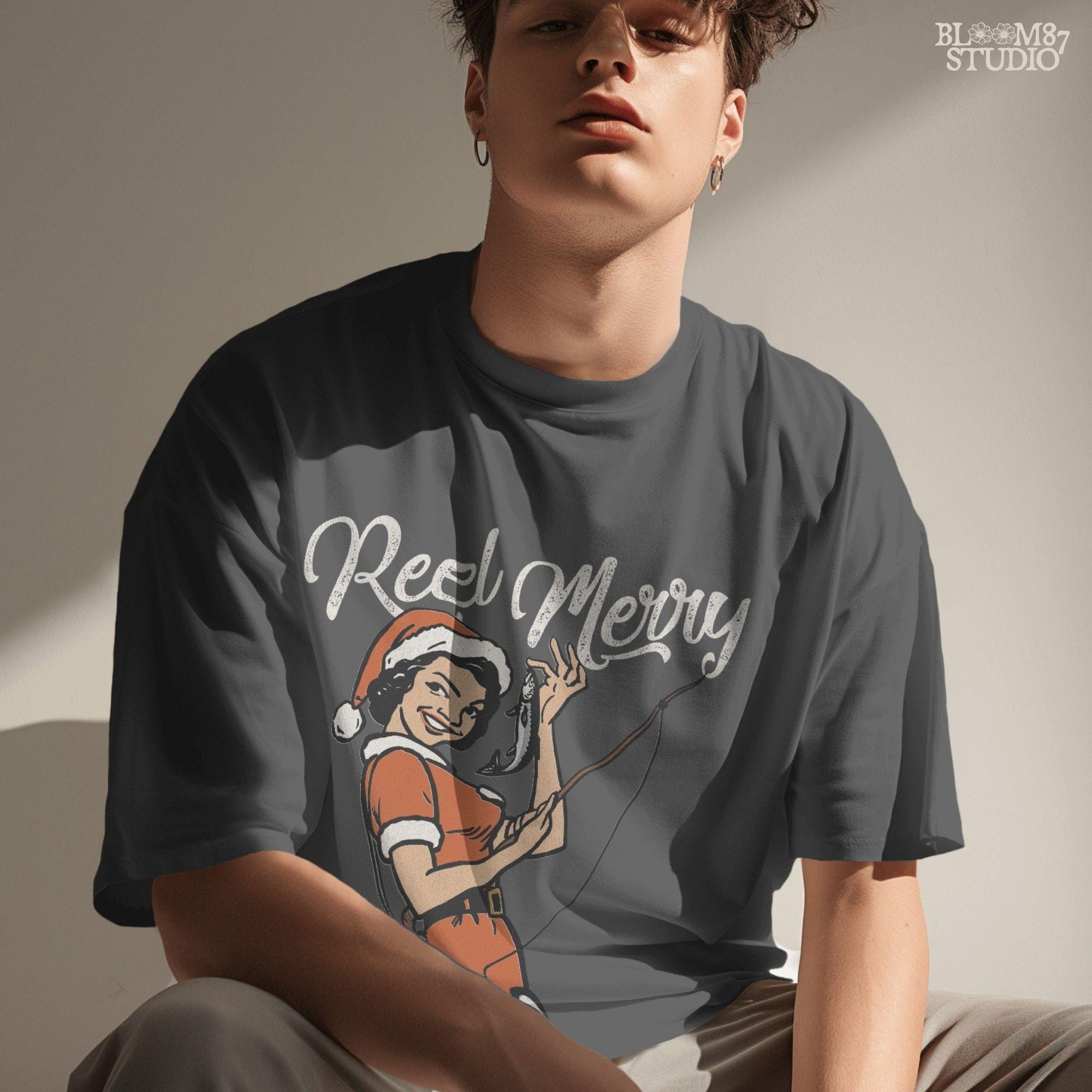 Holiday PNG artwork of a pin-up style Santa girl fishing, created for funny Christmas crafts or digital gift designs.