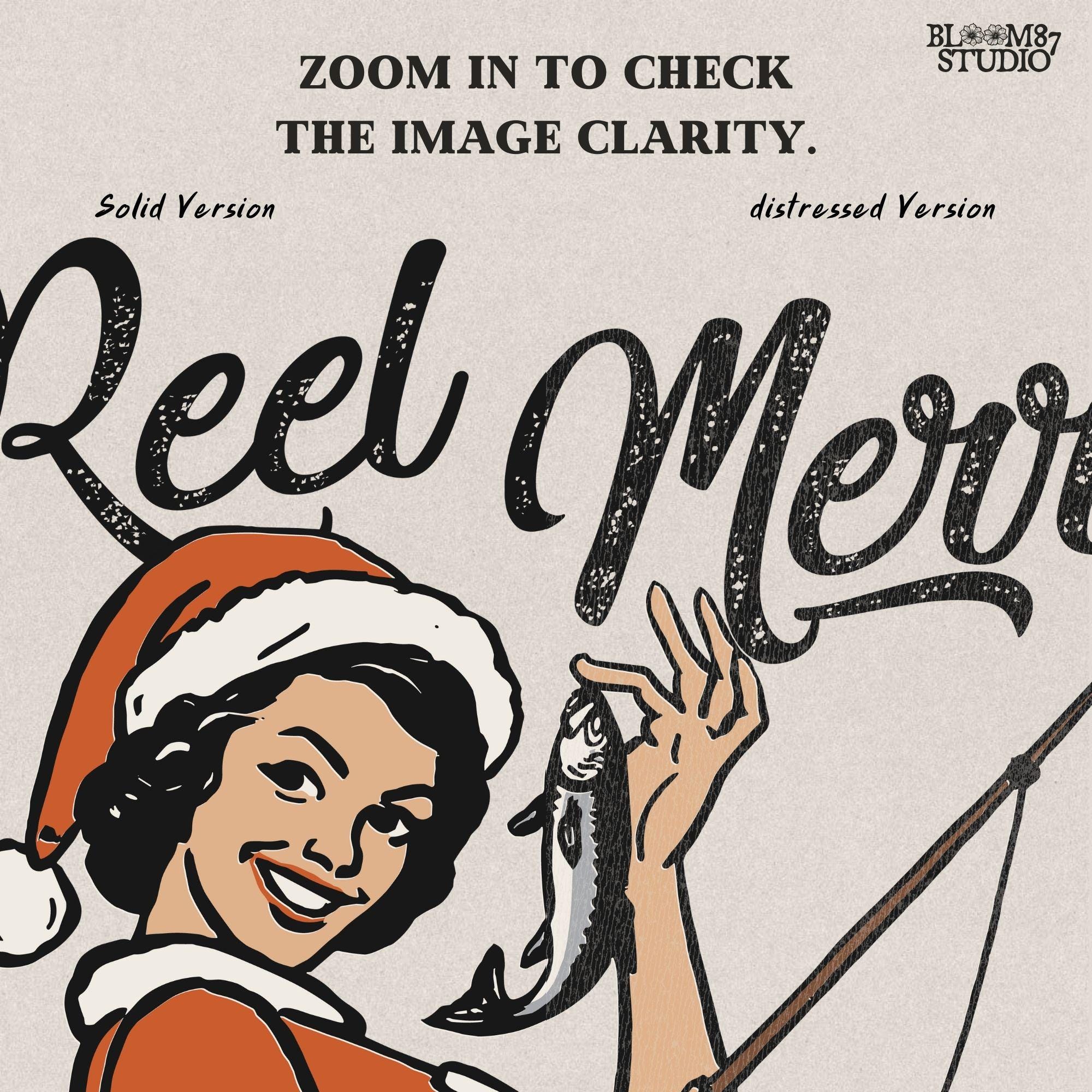 Funny Santa girl illustration holding a caught fish, designed in a vintage style, for fishing lovers and Christmas crafters.