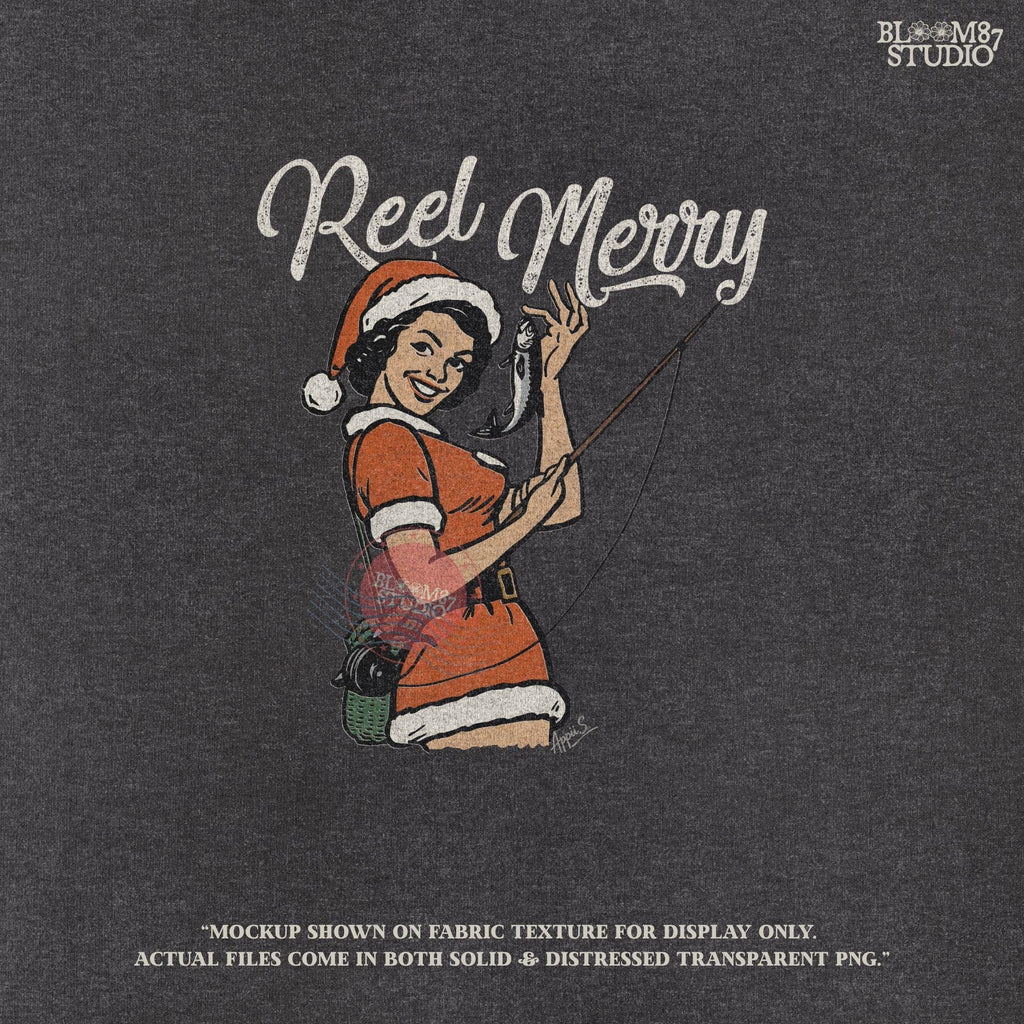 Christmas-themed digital art of a retro woman in red dress and Santa hat, fishing and smiling, great for holiday shirt designs.