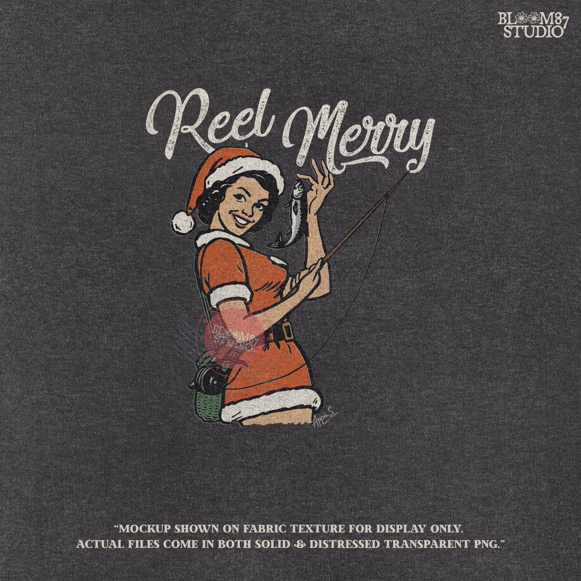 Christmas-themed digital art of a retro woman in red dress and Santa hat, fishing and smiling, great for holiday shirt designs.