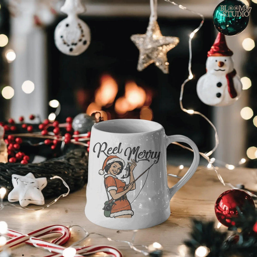 Santa costume clipart showing a happy female character catching a fish, used in holiday shirt sublimation designs.