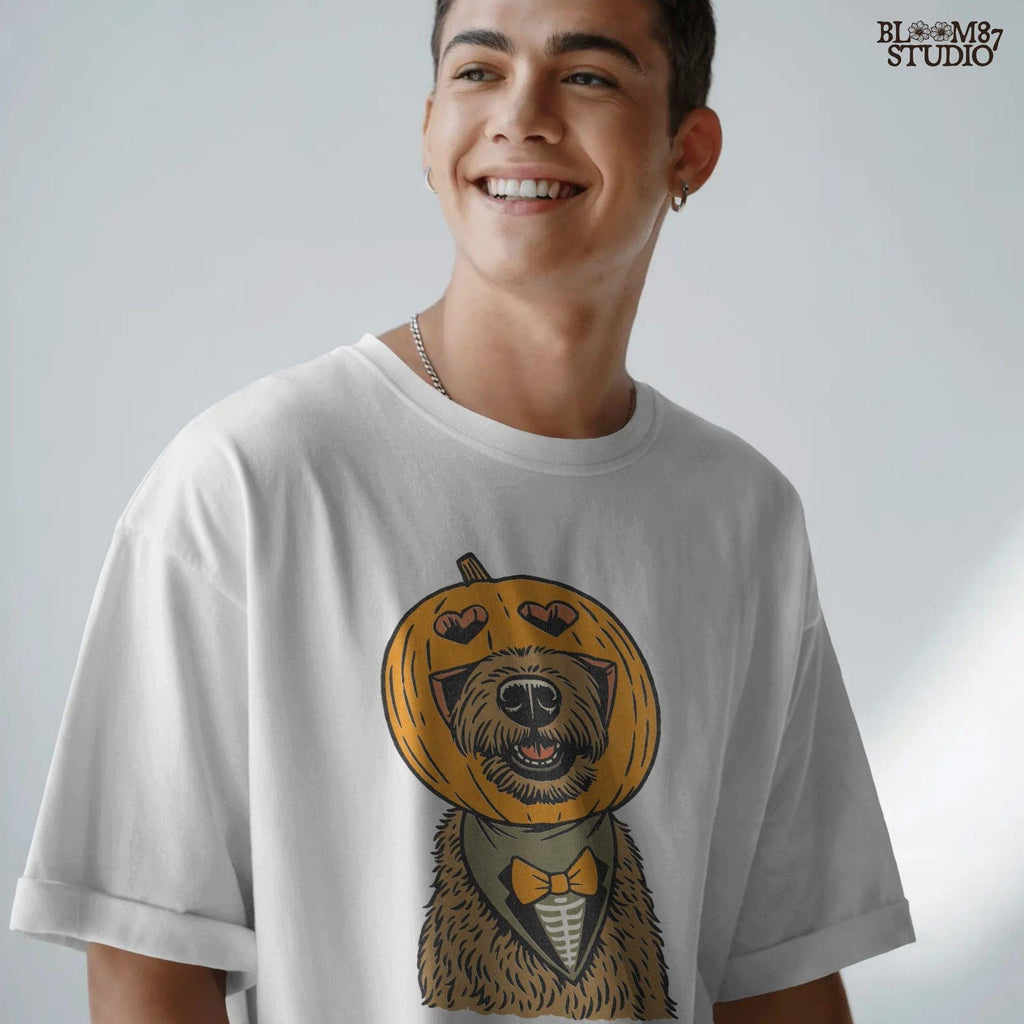 Solid version: "Dog with pumpkin jack o lantern head wearing bow tie, Halloween sublimation PNG, solid version"

Distressed version: "Halloween dog with pumpkin head costume and bow tie, sublimation PNG design, vintage distressed style"