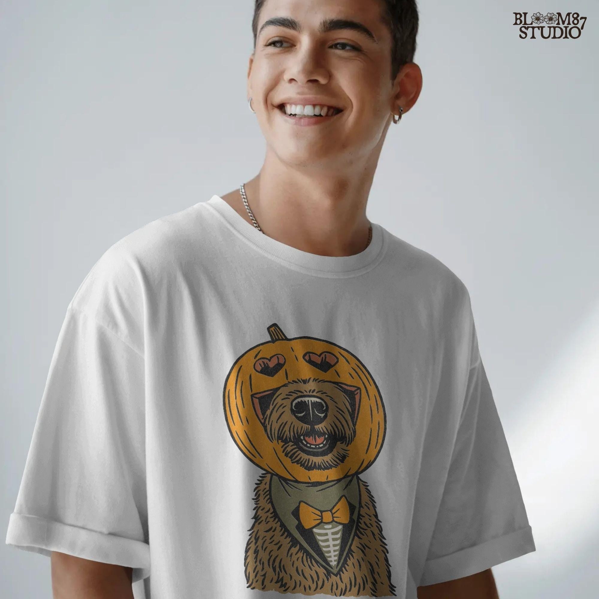 Solid version: "Dog with pumpkin jack o lantern head wearing bow tie, Halloween sublimation PNG, solid version"

Distressed version: "Halloween dog with pumpkin head costume and bow tie, sublimation PNG design, vintage distressed style"