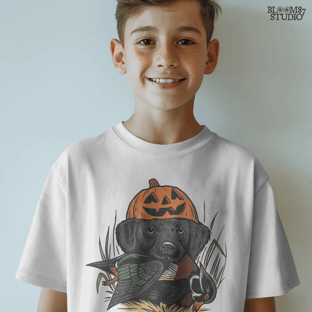 Solid version: "Black Labrador wearing pumpkin jack o lantern hat holding duck, Halloween hunting dog sublimation PNG solid style"

Distressed version: "Halloween hunting dog with pumpkin hat and duck, black lab sublimation PNG vintage distressed version"