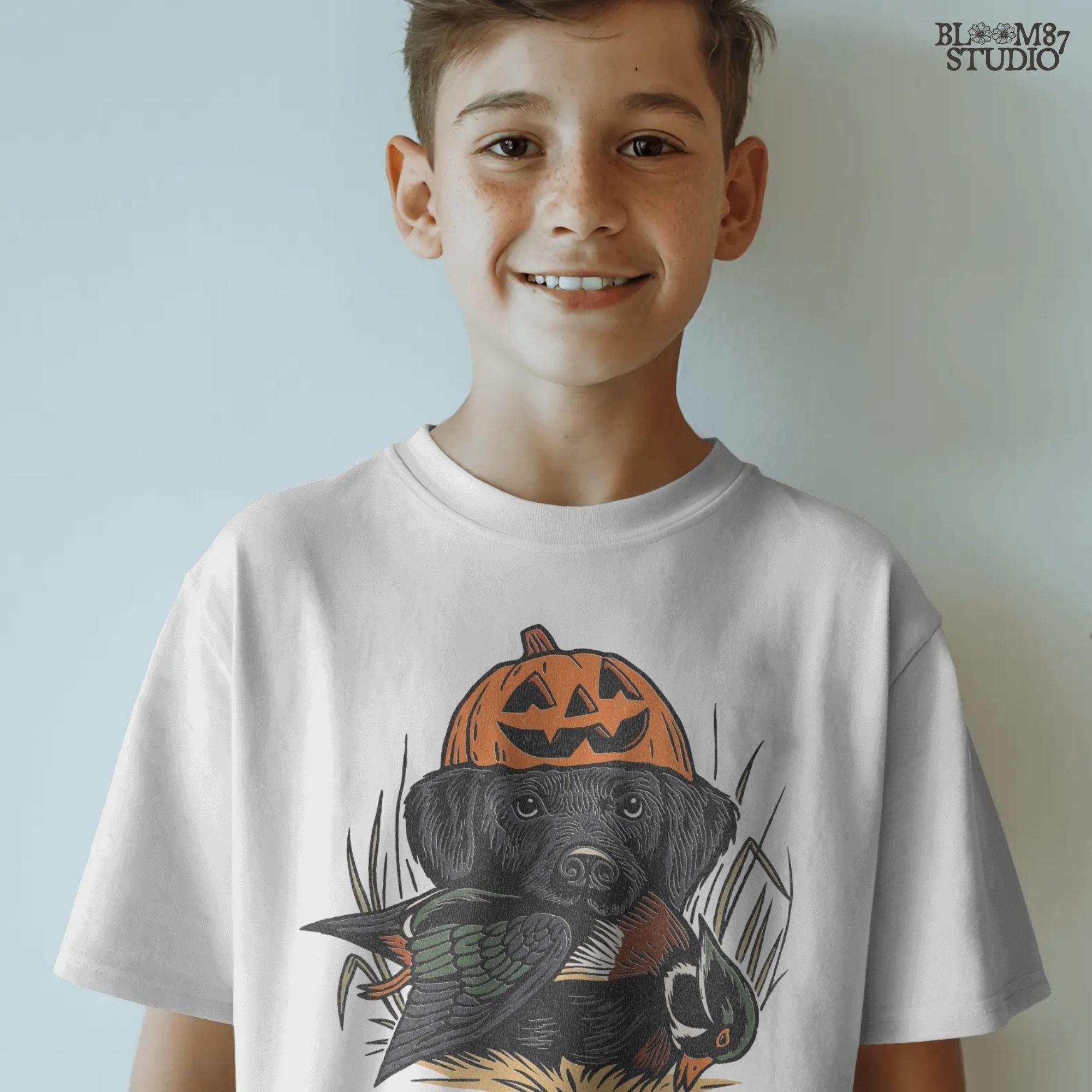 Solid version: "Black Labrador wearing pumpkin jack o lantern hat holding duck, Halloween hunting dog sublimation PNG solid style"

Distressed version: "Halloween hunting dog with pumpkin hat and duck, black lab sublimation PNG vintage distressed version"