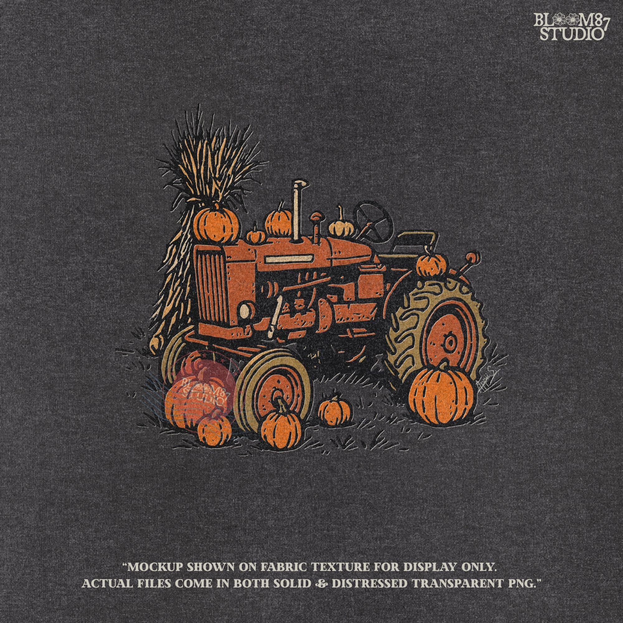 Solid version: "Vintage tractor with pumpkins and harvest décor, fall sublimation PNG design, solid version"

Distressed version: "Rustic fall tractor surrounded by pumpkins, sublimation PNG clipart, vintage distressed style"