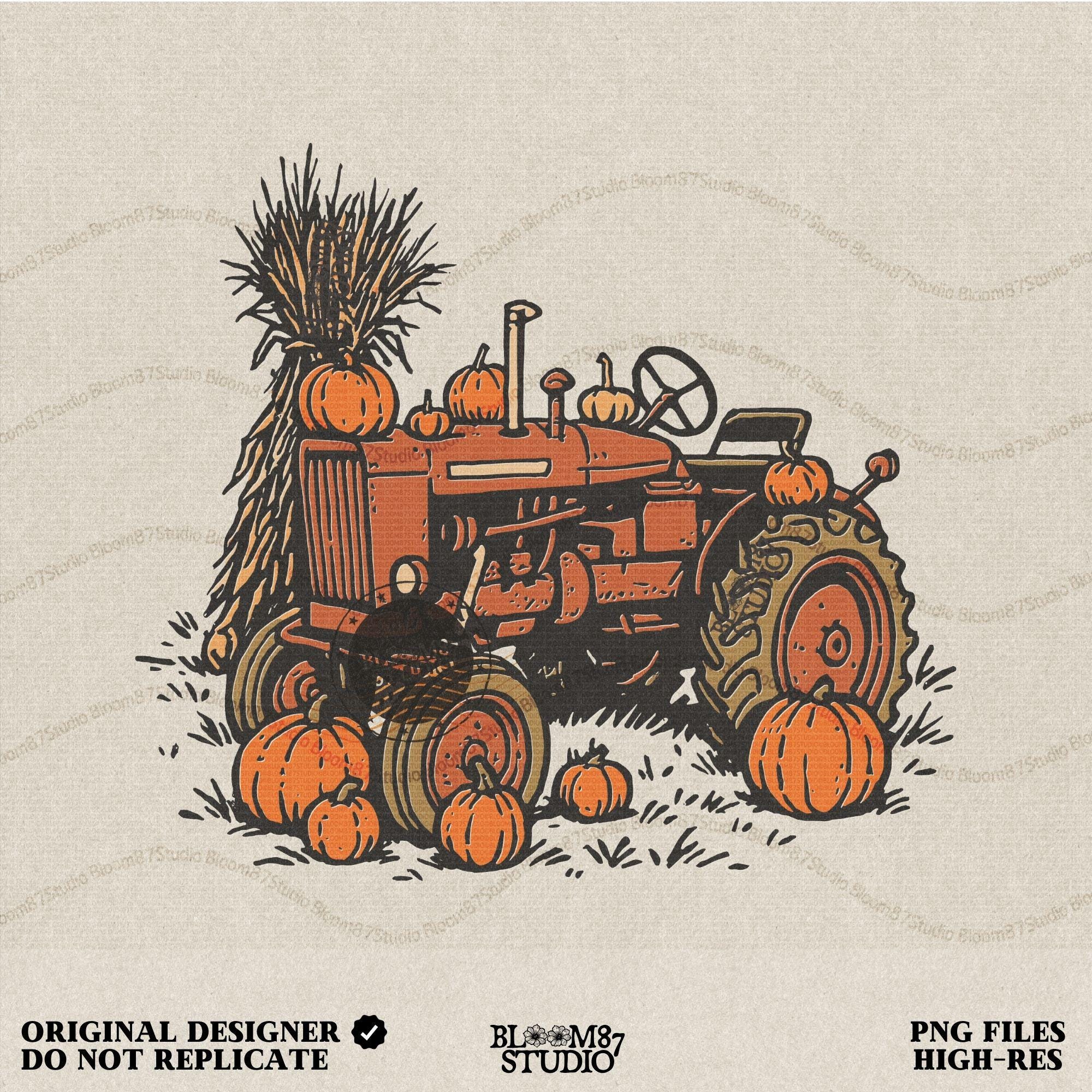 Solid version: "Vintage tractor with pumpkins and harvest décor, fall sublimation PNG design, solid version"

Distressed version: "Rustic fall tractor surrounded by pumpkins, sublimation PNG clipart, vintage distressed style"