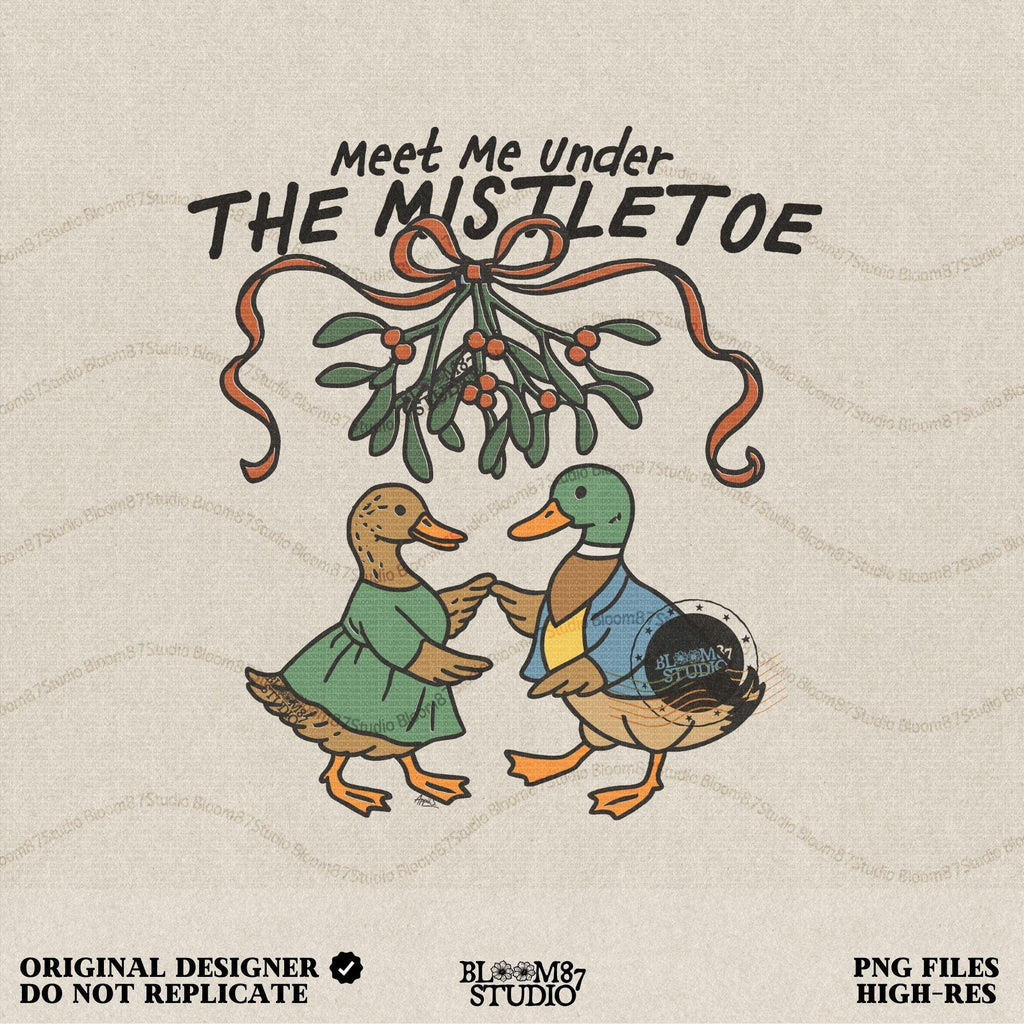 PNG image of two ducks dressed in holiday clothes standing under mistletoe with a blue ribbon, designed in vintage style.