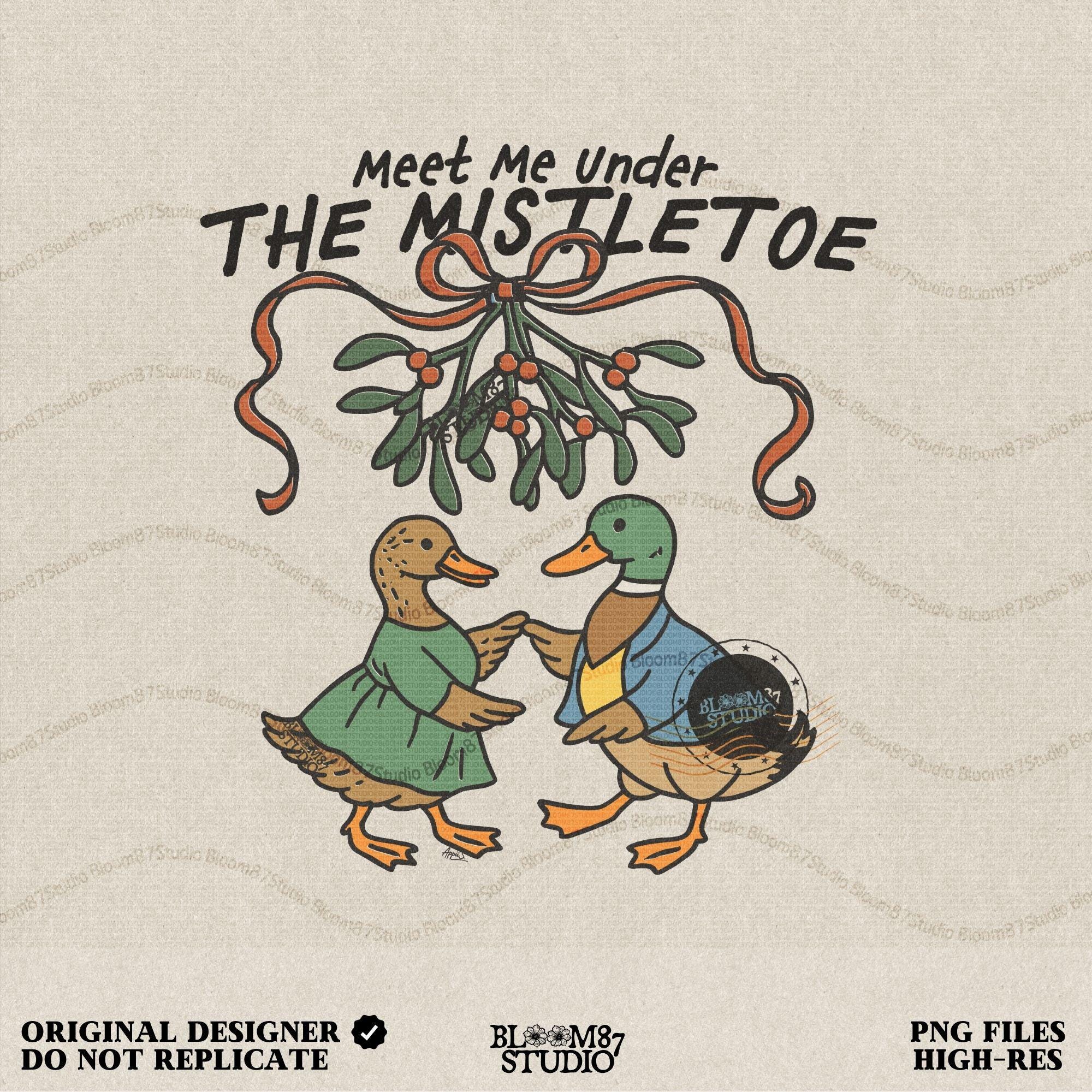 PNG image of two ducks dressed in holiday clothes standing under mistletoe with a blue ribbon, designed in vintage style.
