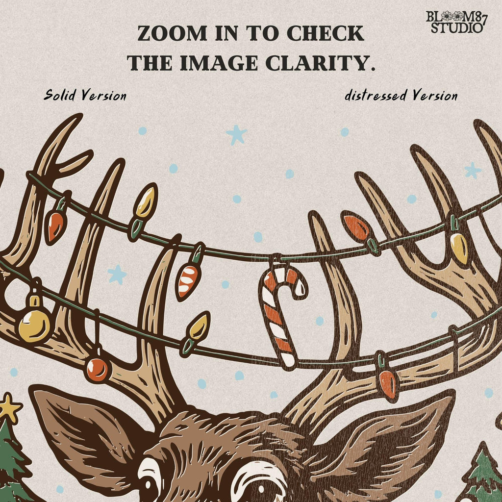 Festive Christmas deer illustration with antlers wrapped in lights and ornaments, standing beside Christmas presents and decorated trees. PNG sublimation for Christmas shirts, mugs, ornaments, and rustic farmhouse Christmas décor.