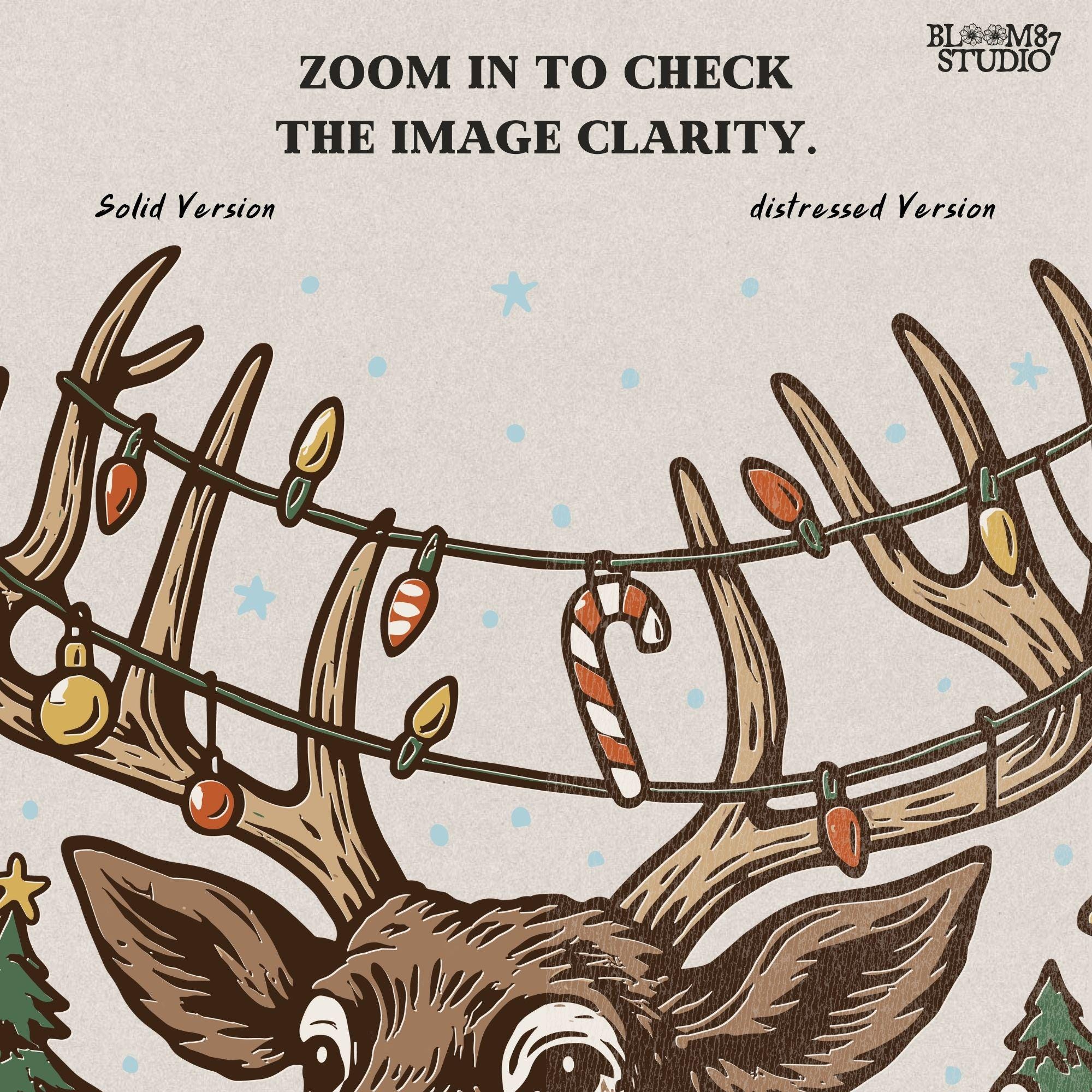 Festive Christmas deer illustration with antlers wrapped in lights and ornaments, standing beside Christmas presents and decorated trees. PNG sublimation for Christmas shirts, mugs, ornaments, and rustic farmhouse Christmas décor.