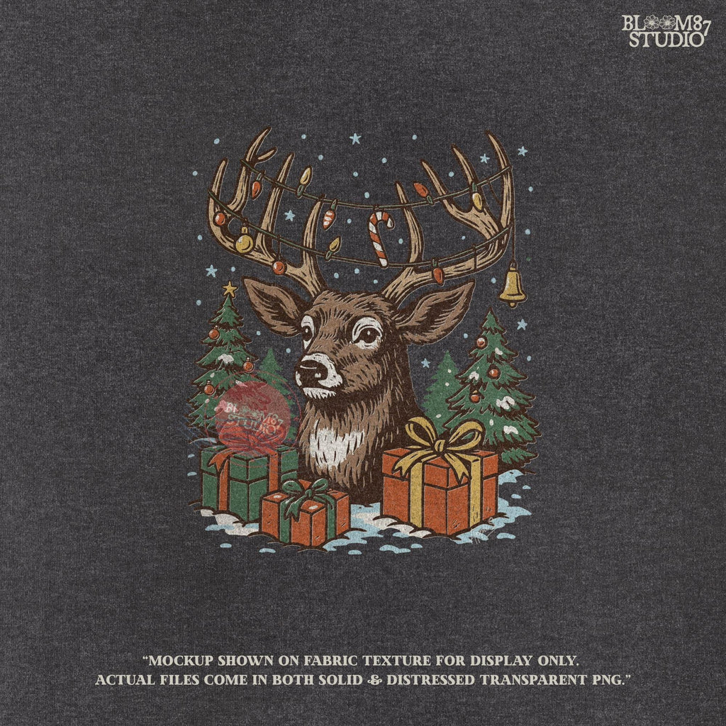 Rustic holiday sublimation featuring reindeer with lights, ornaments, candy canes, and presents under snowy Christmas trees. Perfect for farmhouse Christmas designs, festive shirt prints, mugs, and DIY holiday crafting projects.