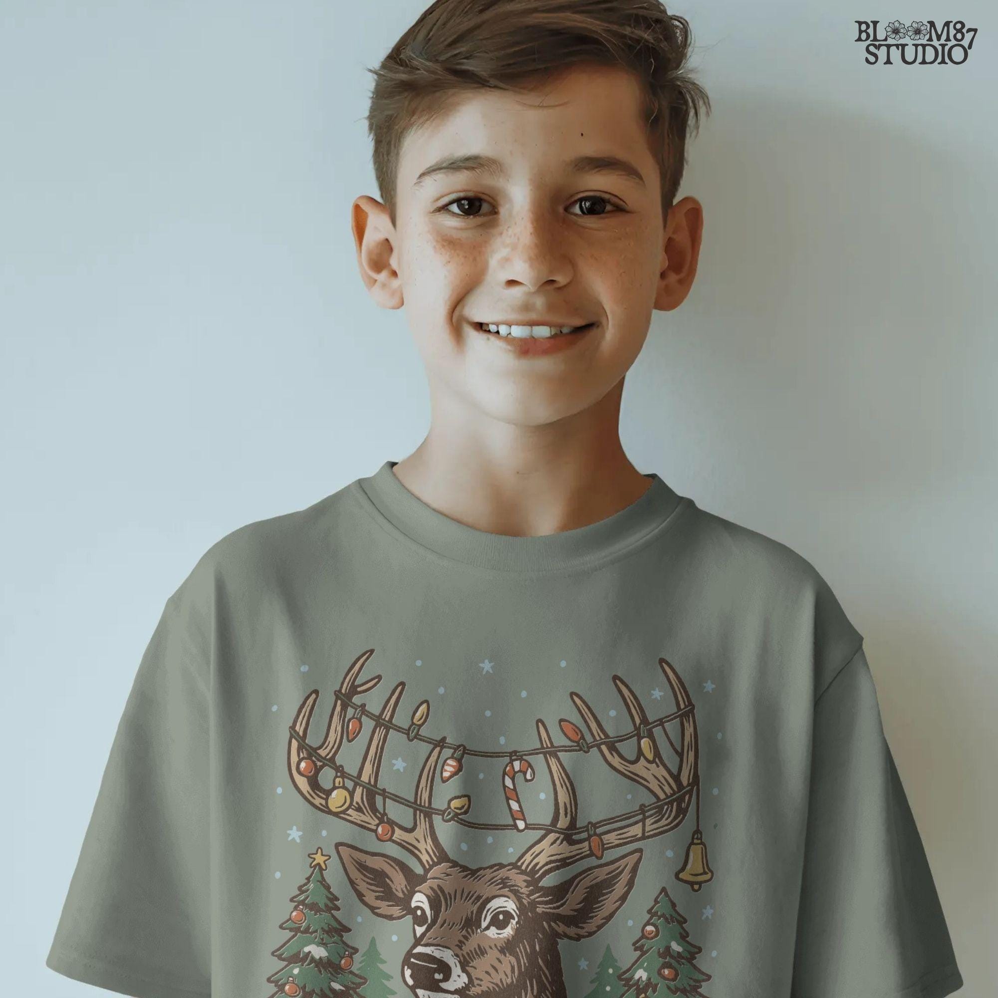 Vintage Christmas reindeer with decorated antlers, festive lights, ornaments, candy cane, and gifts. Holiday sublimation PNG perfect for mugs, rustic farmhouse holiday shirts, ornaments, and Christmas décor projects.