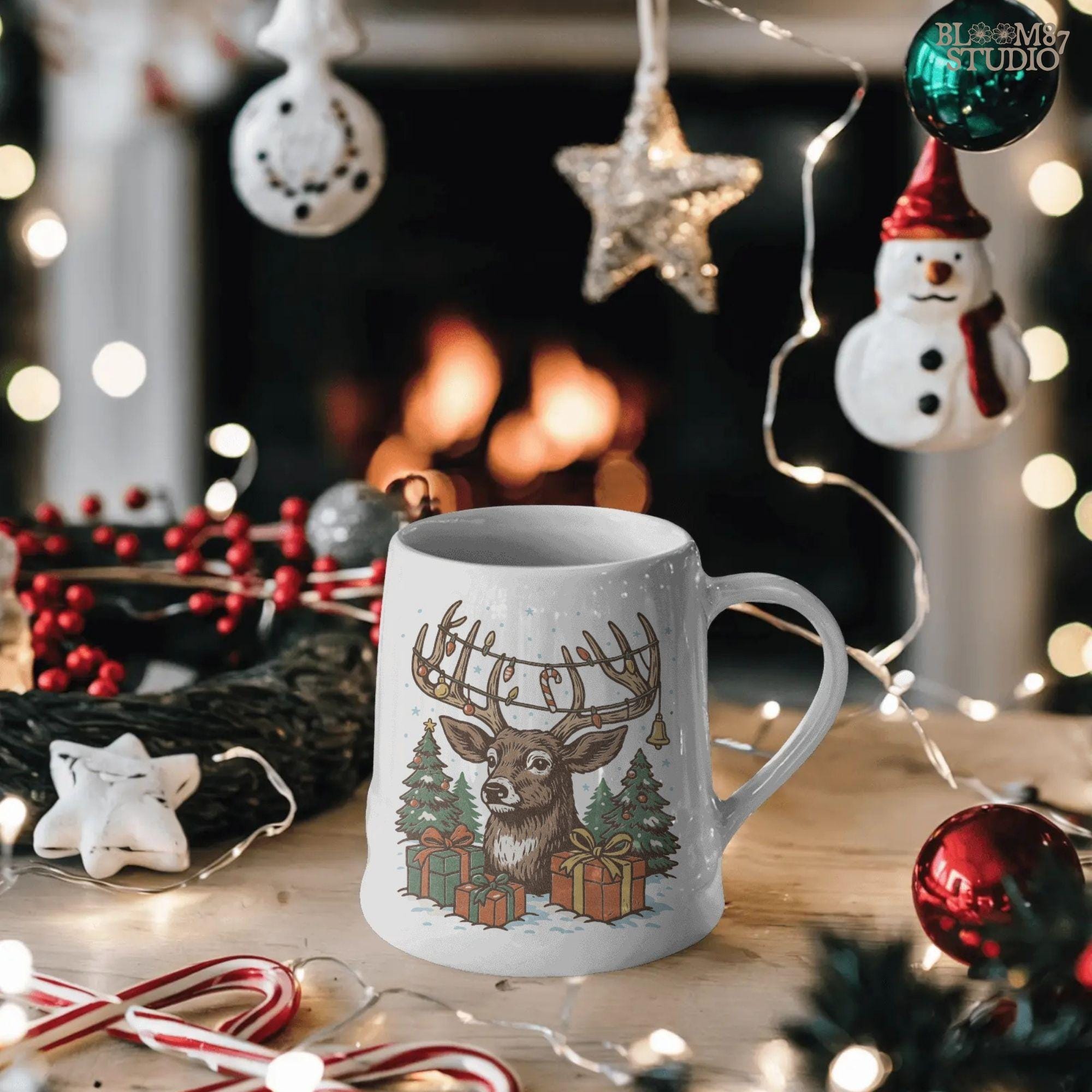 Farmhouse Christmas sublimation featuring reindeer in snowy holiday scene, antlers decorated with lights, with gifts and Christmas trees. High-res PNG design for mugs, shirts, greeting cards, and personalized holiday gifts.