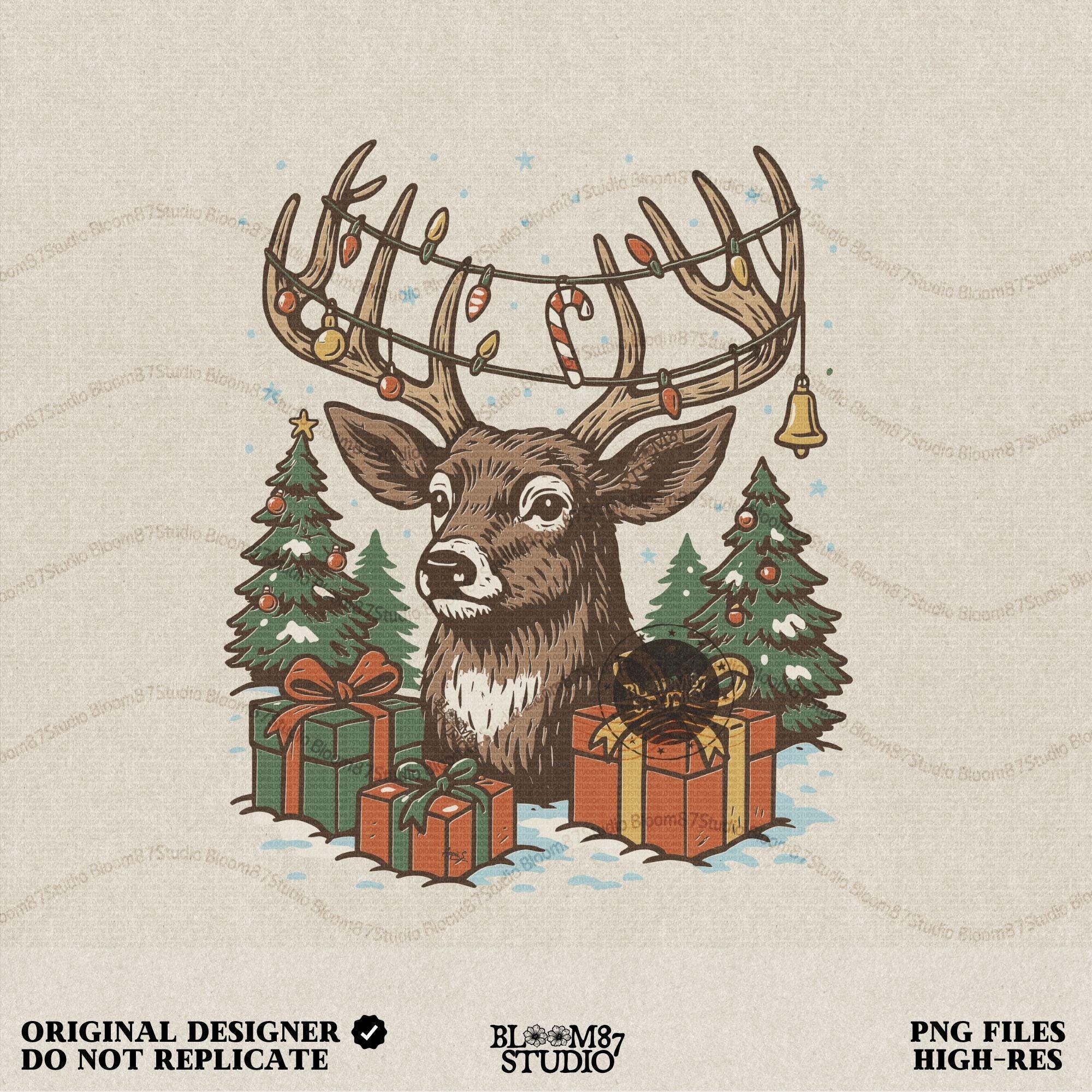 Hand-drawn Christmas reindeer with decorated antlers, surrounded by gifts and Christmas trees in a festive winter scene. High-resolution PNG sublimation design perfect for Christmas shirts, mugs, farmhouse décor, cards, and seasonal gift-making projects.