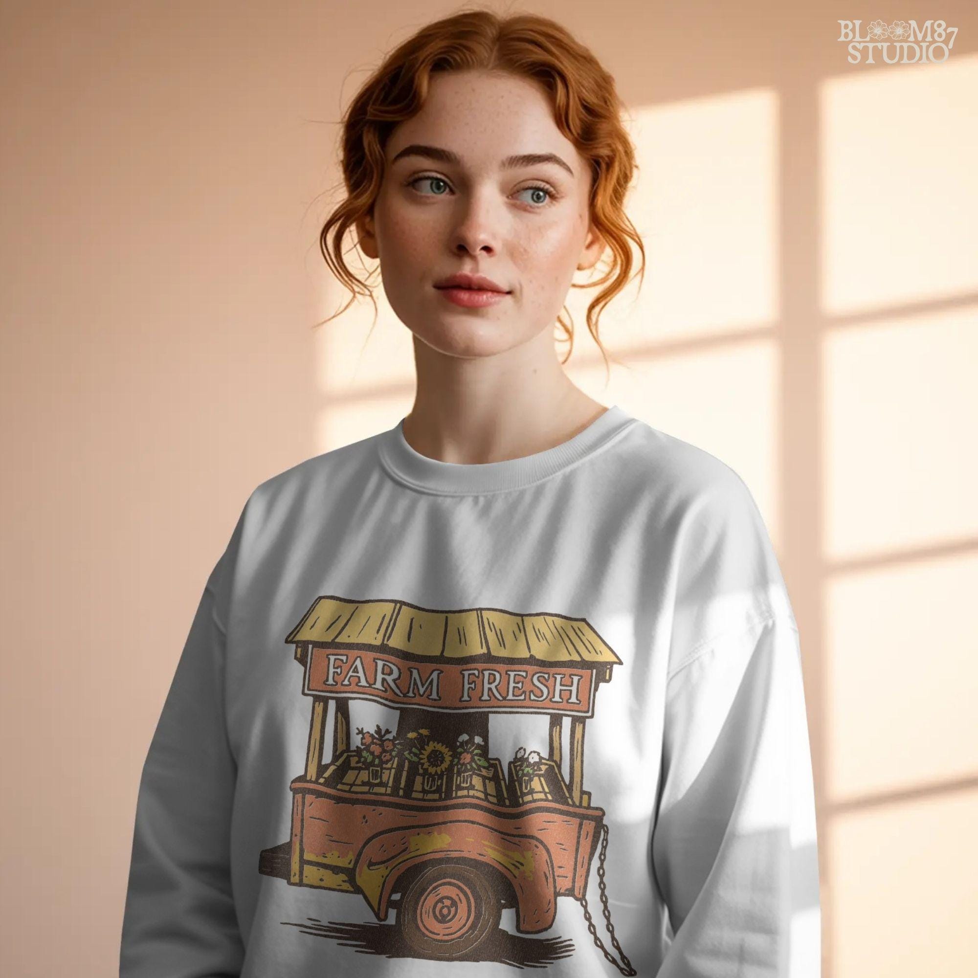 Farm Fresh fall harvest PNG art showing rustic cart with sunflowers and colorful flowers. Great sublimation design for autumn farmhouse projects, fall tote bags, mugs, rustic shirts, and Thanksgiving home décor.