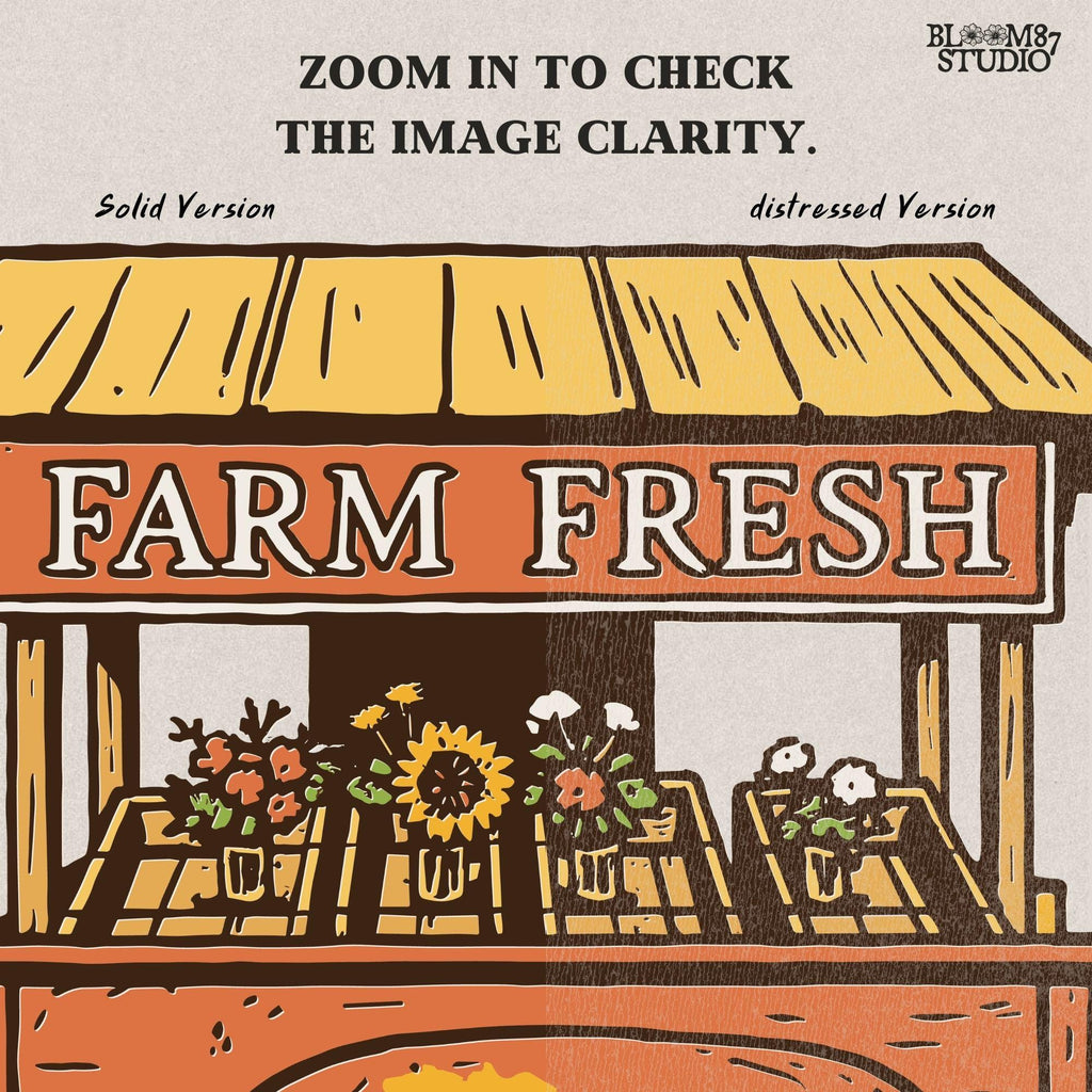 Rustic fall sublimation PNG design of a farm cart labeled “Farm Fresh” decorated with sunflowers and seasonal flowers. Ideal for mugs, shirts, farmhouse autumn décor, tote bags, and fall harvest market crafting projects.