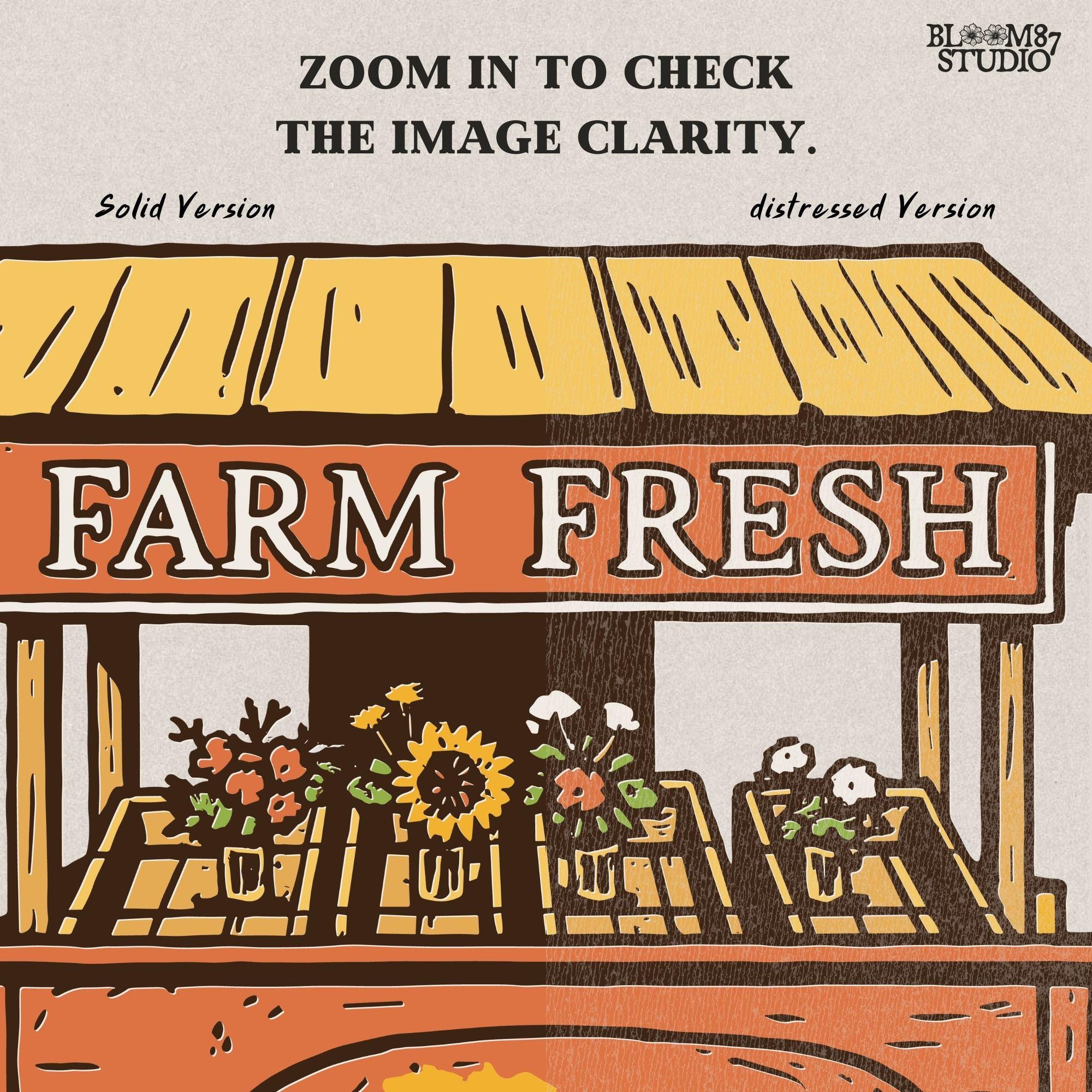 Rustic fall sublimation PNG design of a farm cart labeled “Farm Fresh” decorated with sunflowers and seasonal flowers. Ideal for mugs, shirts, farmhouse autumn décor, tote bags, and fall harvest market crafting projects.