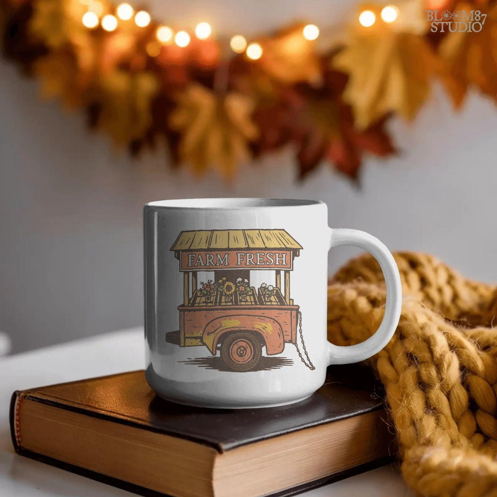 Farm Fresh fall sublimation featuring rustic farm stand illustration with flowers and sunflowers. Great design for autumn harvest décor, rustic farmhouse projects, mugs, t-shirts, and seasonal Thanksgiving gift making.