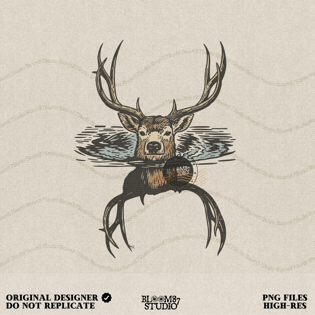Deer hunting season PNG featuring a detailed buck head with large antlers emerging from water. Perfect rustic hunting sublimation design for shirts, mugs, outdoor lodge décor, and unique hunting season gifts.