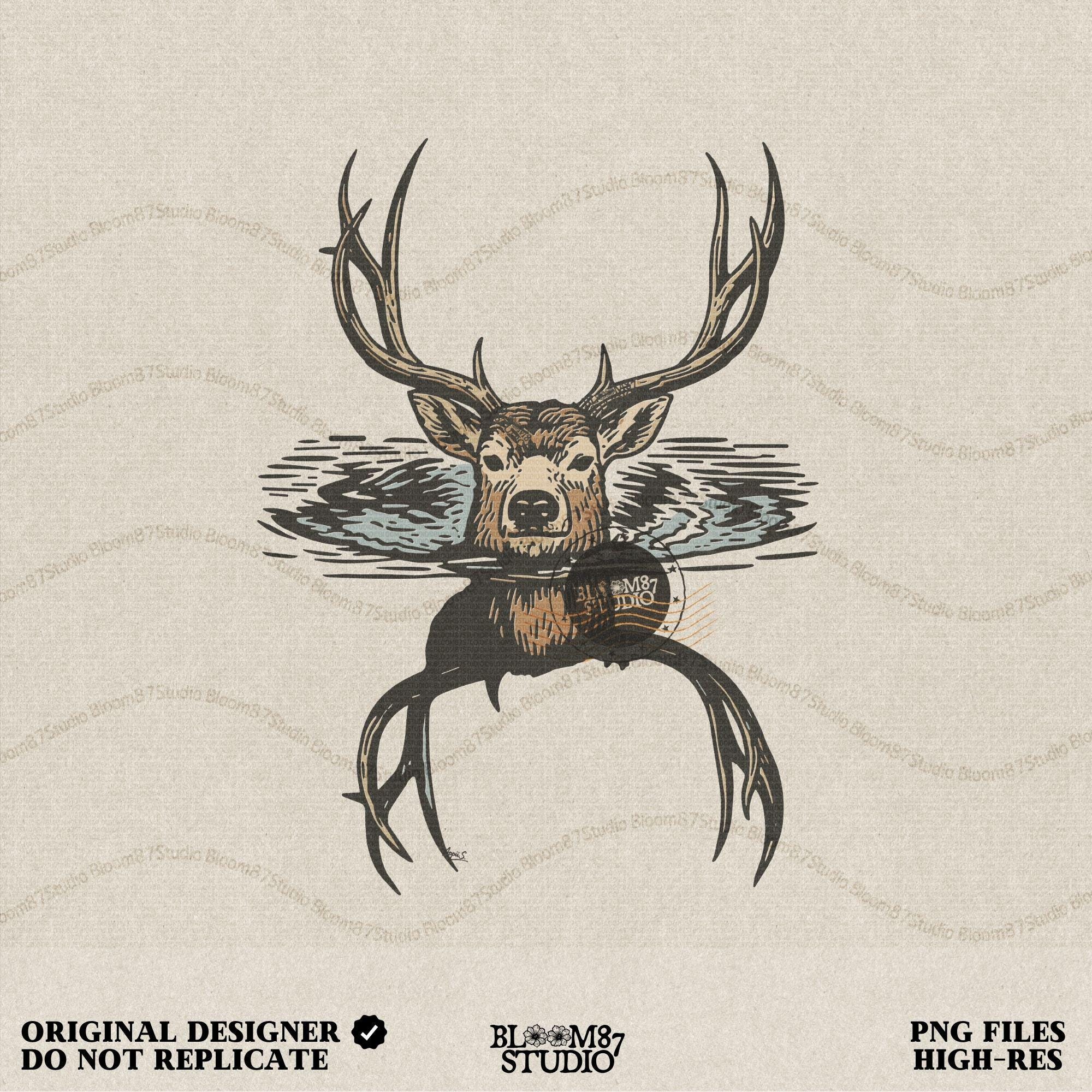 Deer hunting season PNG featuring a detailed buck head with large antlers emerging from water. Perfect rustic hunting sublimation design for shirts, mugs, outdoor lodge décor, and unique hunting season gifts.