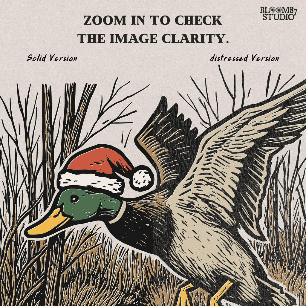 Rustic waterfowl hunting sublimation PNG with a mallard duck wearing a Santa hat. Designed for duck hunting Christmas gifts, hunting camp wall art, or unique festive apparel. High-res PNG with transparent background, perfect for print-on-demand projects.