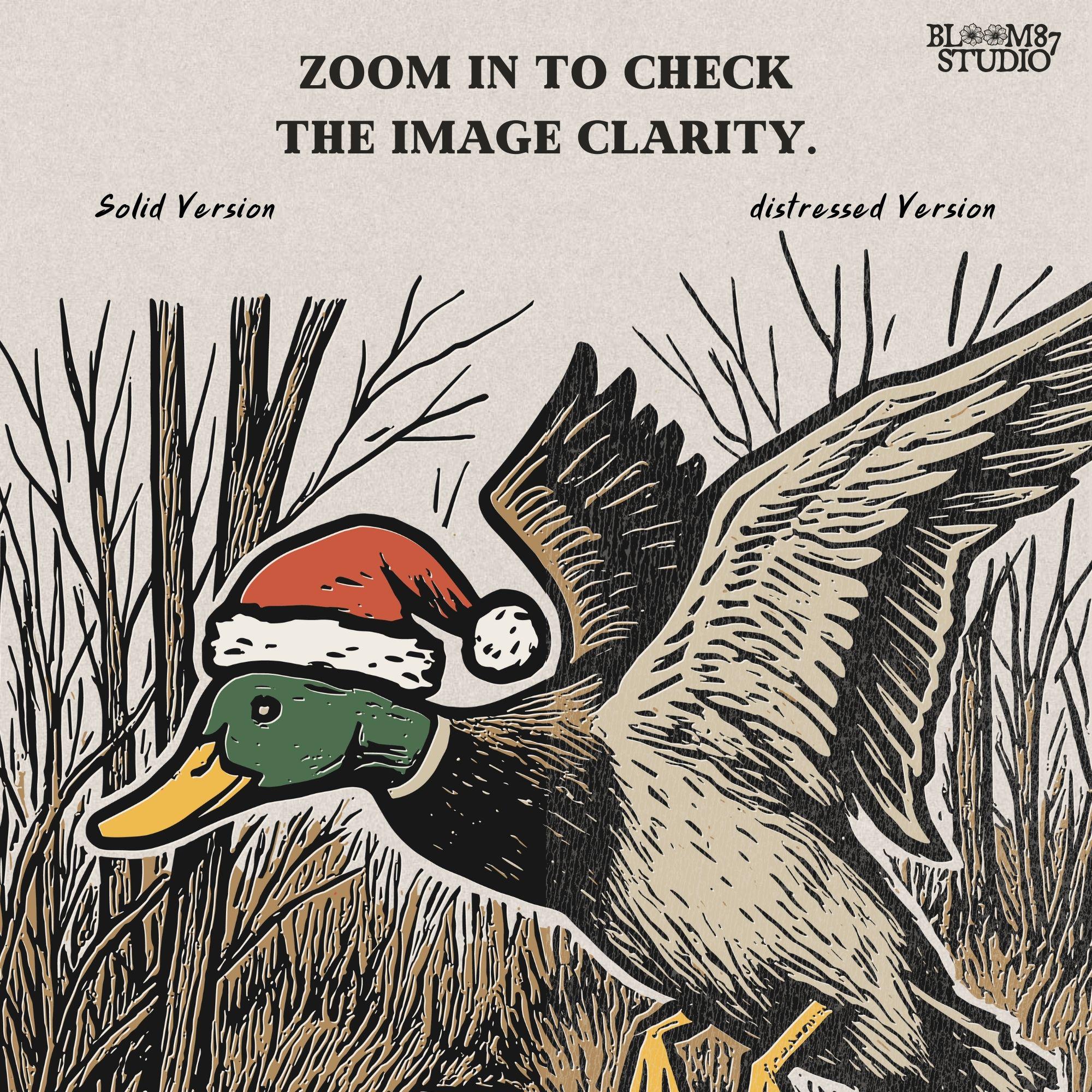 Rustic waterfowl hunting sublimation PNG with a mallard duck wearing a Santa hat. Designed for duck hunting Christmas gifts, hunting camp wall art, or unique festive apparel. High-res PNG with transparent background, perfect for print-on-demand projects.