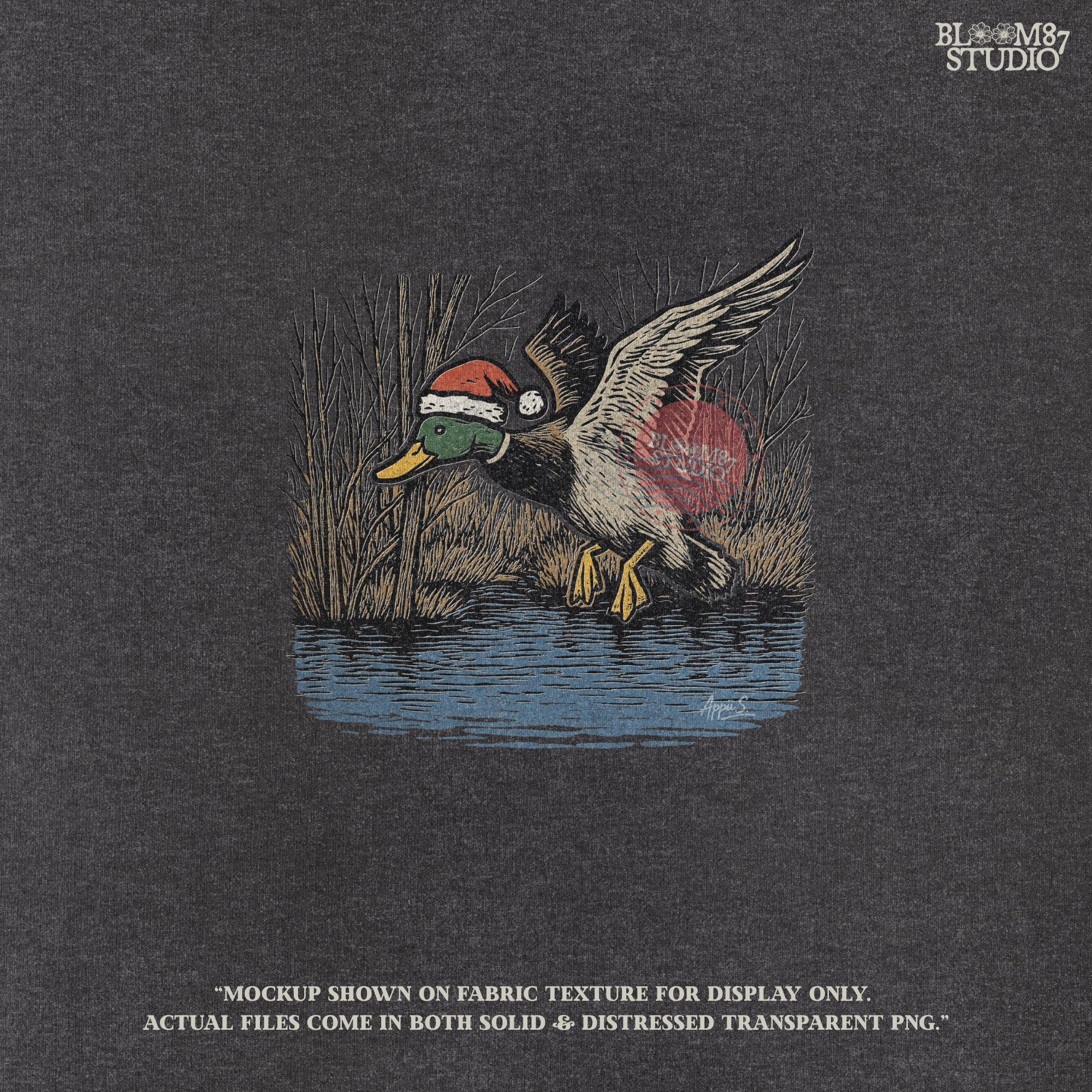 Hand-drawn mallard duck clipart for Christmas showing a mallard duck in flight over water with festive detail. Ideal for Christmas hunting shirt designs, mugs, tumblers, and farmhouse holiday prints. Great sublimation PNG for hunters and outdoors lovers.