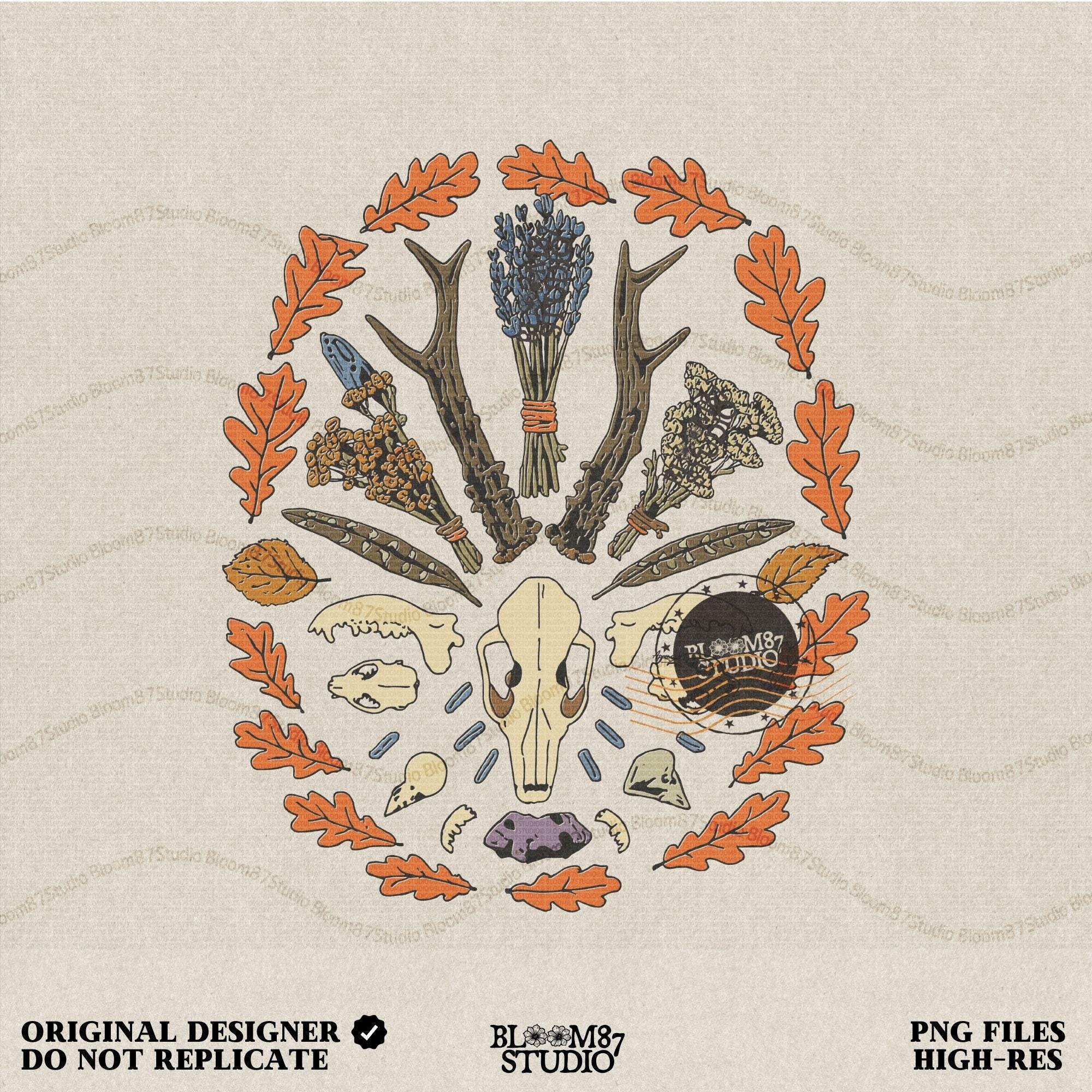 Solid version: "Witchy fall mandala sublimation PNG with deer skull, herbs, feathers, crystals and autumn leaves, solid style"

Distressed version: "Deer skull mandala with herbs, feathers, crystals and autumn leaves, witchy sublimation PNG, distressed vintage style"