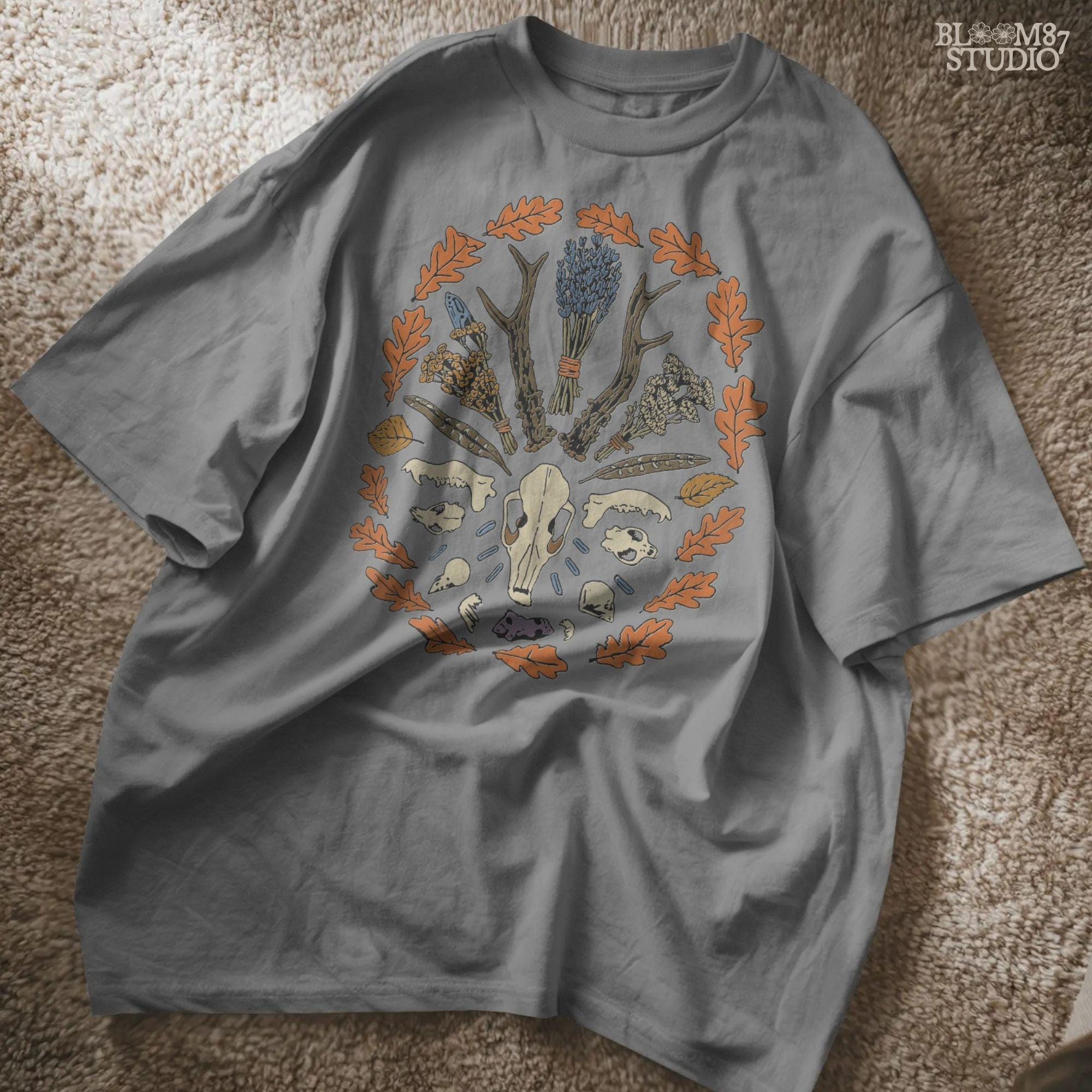 Solid version: "Witchy fall mandala sublimation PNG with deer skull, herbs, feathers, crystals and autumn leaves, solid style"

Distressed version: "Deer skull mandala with herbs, feathers, crystals and autumn leaves, witchy sublimation PNG, distressed vintage style"