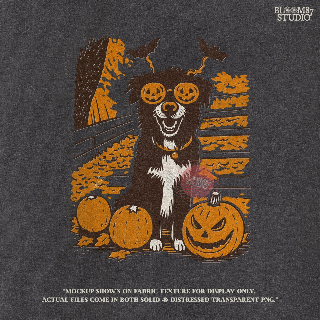 Solid version: "Halloween dog sublimation PNG puppy with pumpkin glasses bats headband and pumpkins solid style"

Distressed version: "Halloween puppy with jack o lantern glasses and pumpkins sublimation PNG design vintage distressed style"