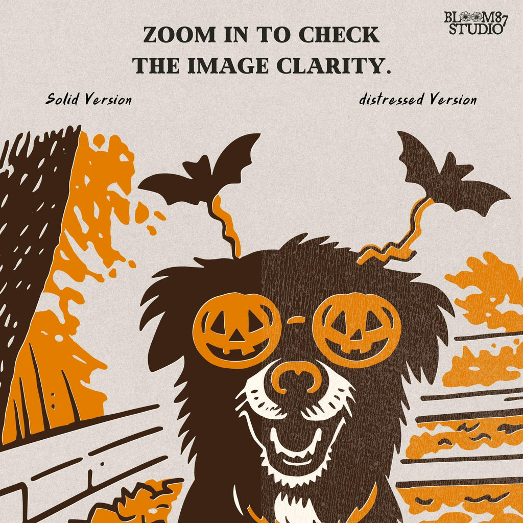 Solid version: "Halloween dog sublimation PNG puppy with pumpkin glasses bats headband and pumpkins solid style"

Distressed version: "Halloween puppy with jack o lantern glasses and pumpkins sublimation PNG design vintage distressed style"