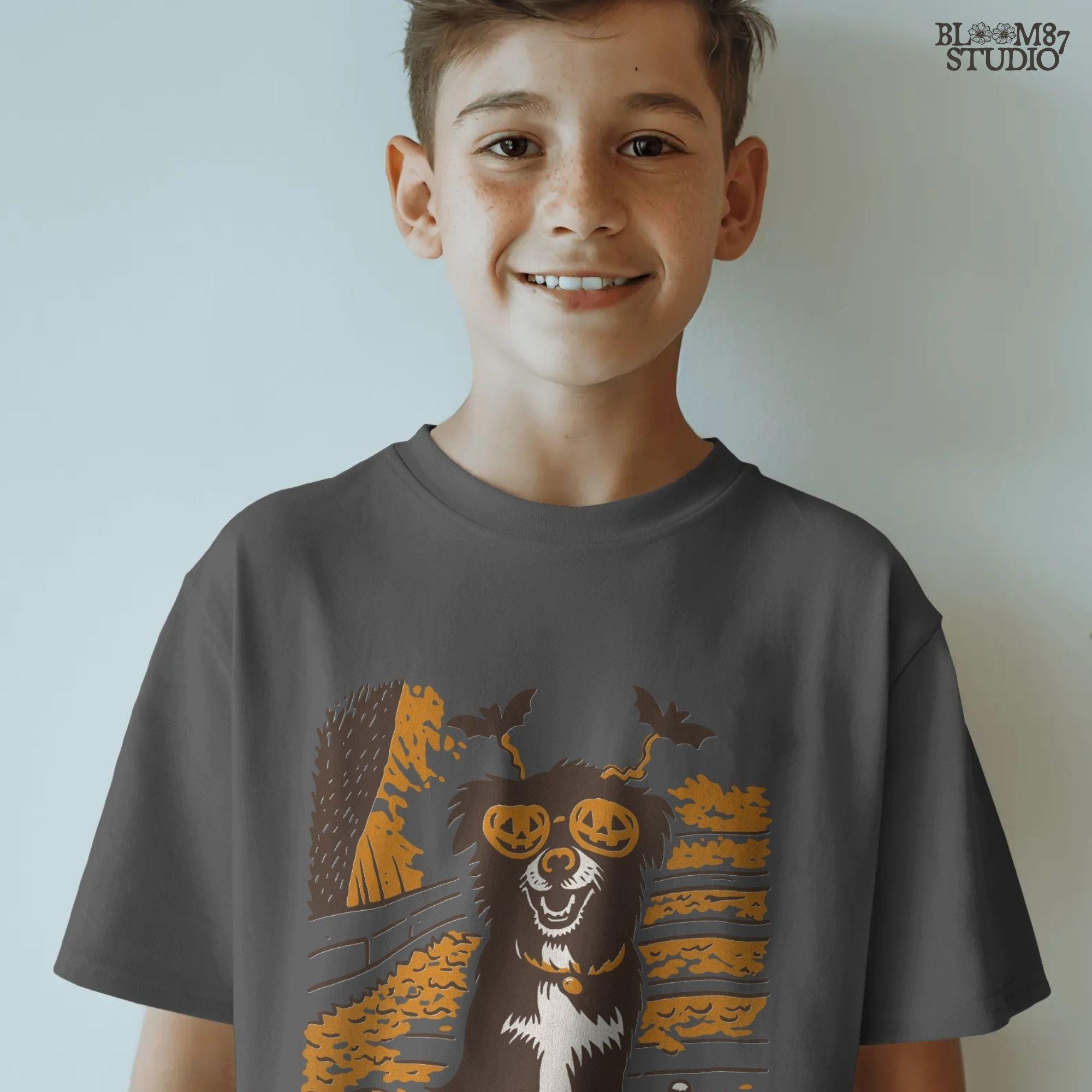 Solid version: "Halloween dog sublimation PNG puppy with pumpkin glasses bats headband and pumpkins solid style"

Distressed version: "Halloween puppy with jack o lantern glasses and pumpkins sublimation PNG design vintage distressed style"