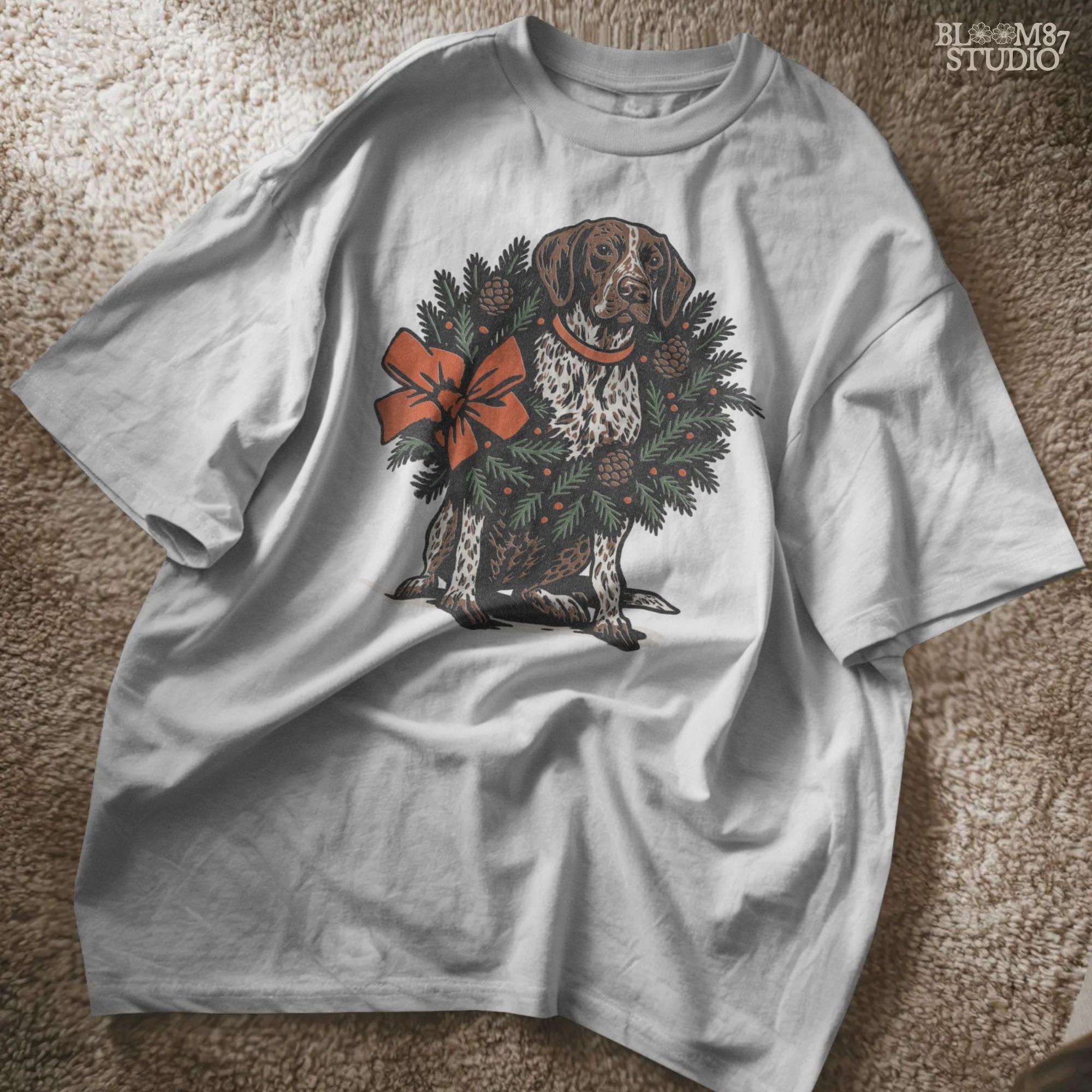 Solid version: "Christmas German Shorthaired Pointer sublimation PNG dog sitting in holiday wreath with pinecones and red bow festive clipart solid style"

Distressed version: "German Shorthaired Pointer Christmas dog in wreath with pinecones greenery and bow sublimation PNG rustic holiday clipart distressed style"