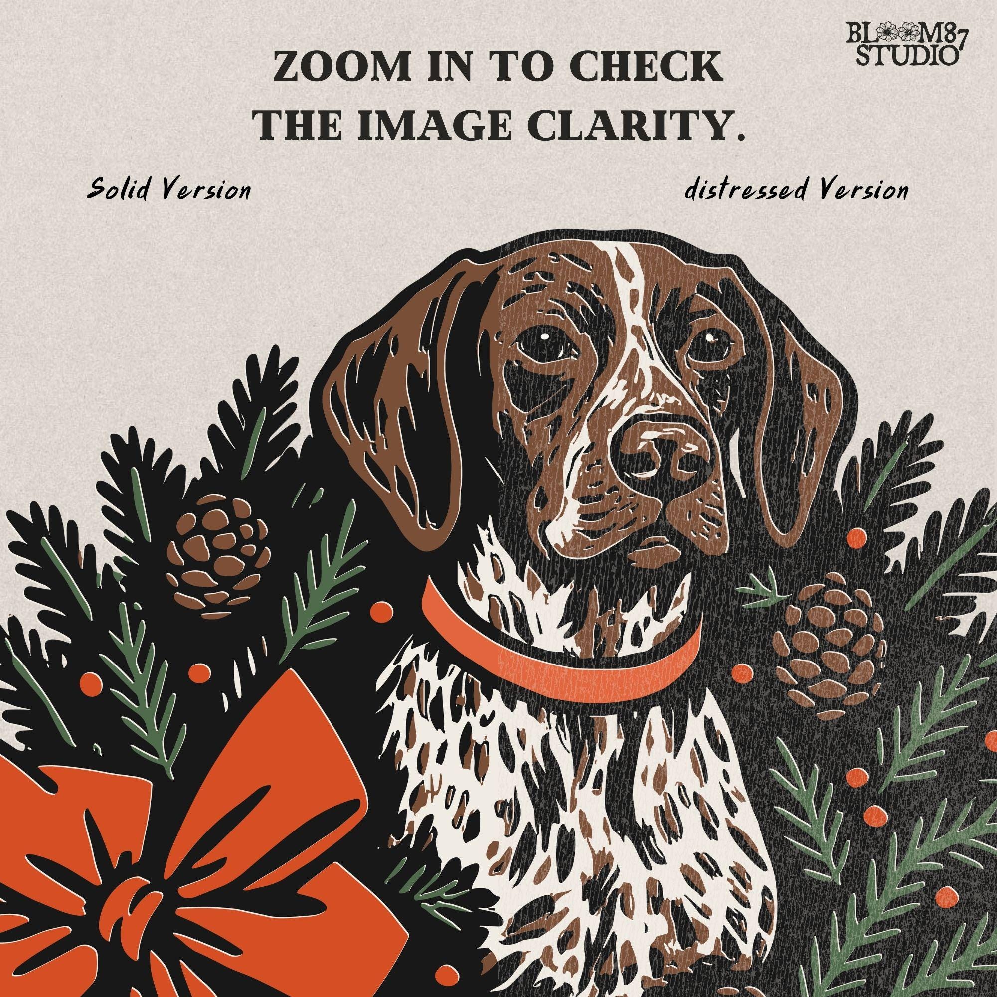 Solid version: "Christmas German Shorthaired Pointer sublimation PNG dog sitting in holiday wreath with pinecones and red bow festive clipart solid style"

Distressed version: "German Shorthaired Pointer Christmas dog in wreath with pinecones greenery and bow sublimation PNG rustic holiday clipart distressed style"