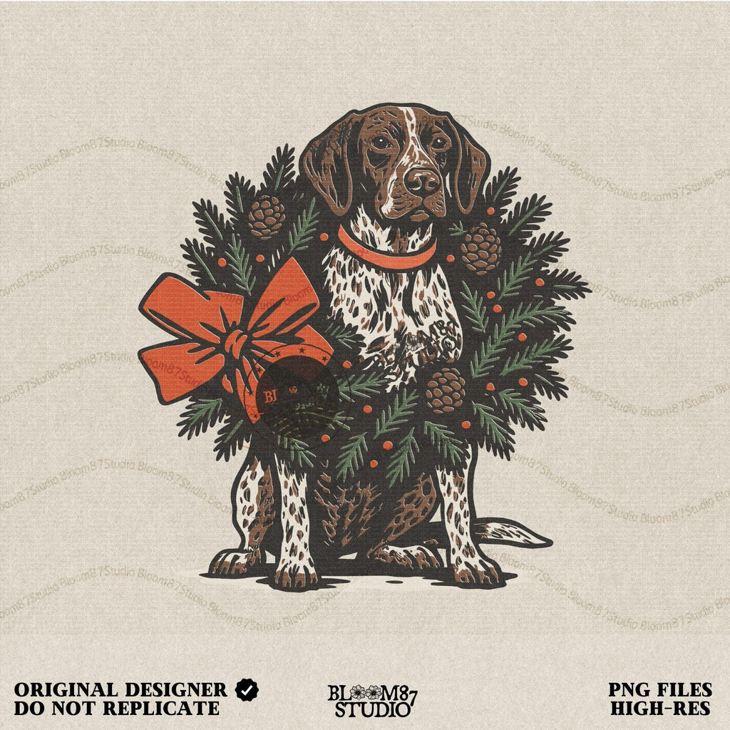 Solid version: "Christmas German Shorthaired Pointer sublimation PNG dog sitting in holiday wreath with pinecones and red bow festive clipart solid style"

Distressed version: "German Shorthaired Pointer Christmas dog in wreath with pinecones greenery and bow sublimation PNG rustic holiday clipart distressed style"