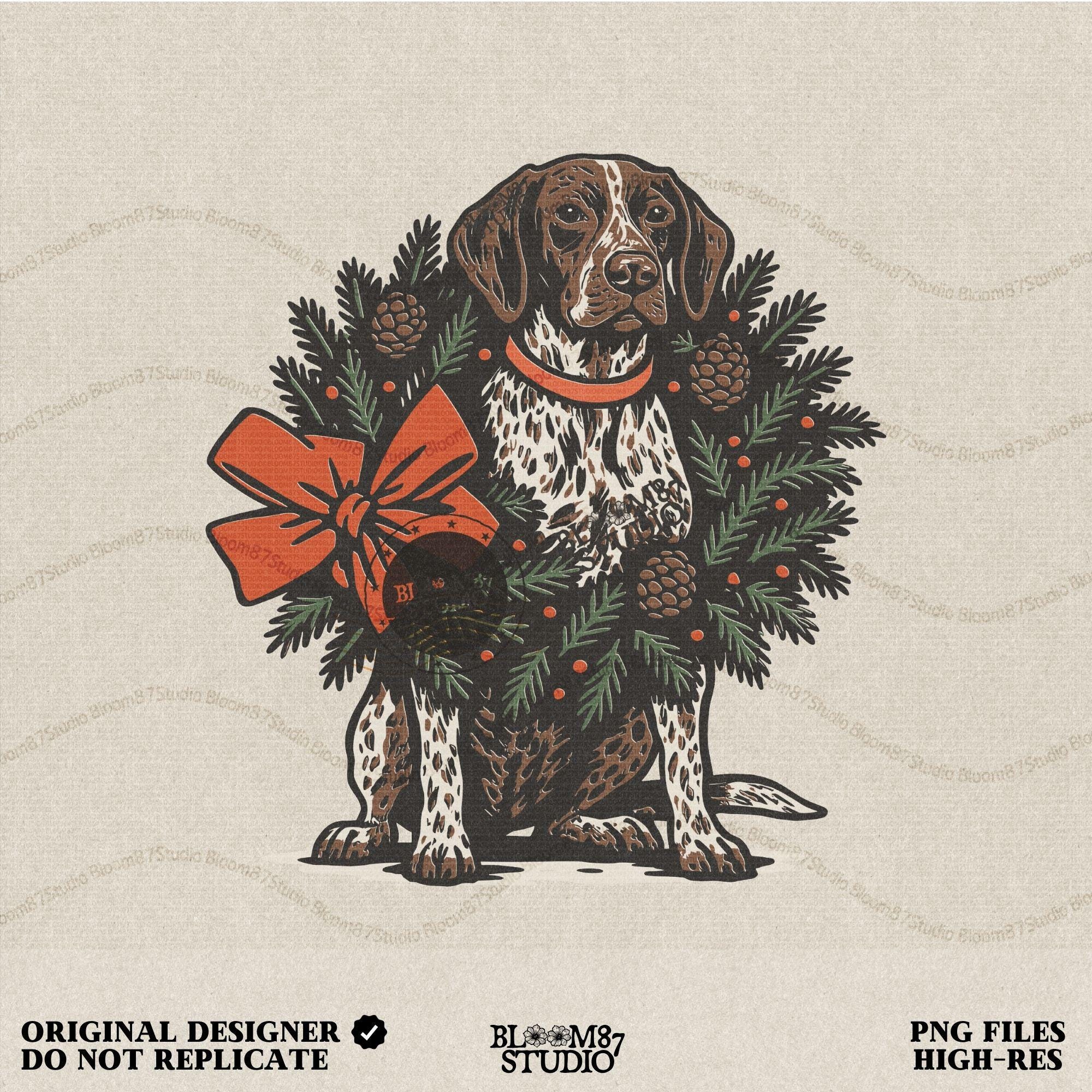 Solid version: "Christmas German Shorthaired Pointer sublimation PNG dog sitting in holiday wreath with pinecones and red bow festive clipart solid style"

Distressed version: "German Shorthaired Pointer Christmas dog in wreath with pinecones greenery and bow sublimation PNG rustic holiday clipart distressed style"