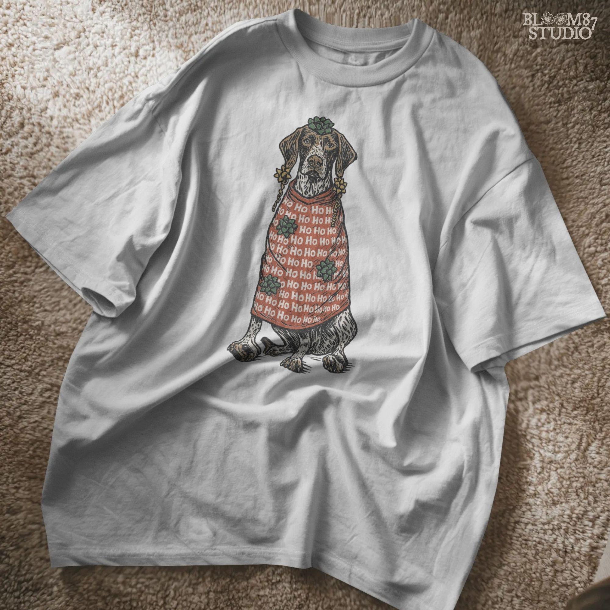 Solid version: "Christmas German Shorthaired Pointer sublimation PNG dog in red Ho Ho Ho sweater with gift bows holiday clipart solid style"

Distressed version: "German Shorthaired Pointer sublimation PNG dog wrapped like gift in Ho Ho Ho sweater with bows rustic holiday clipart distressed style"