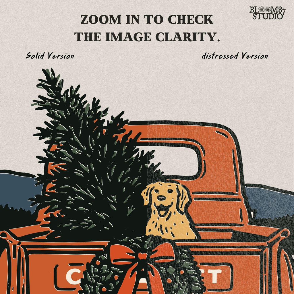 Solid version: "Christmas truck sublimation PNG with vintage red pickup carrying tree dog and wreath, farmhouse holiday design solid style"

Distressed version: "Vintage red truck with dog and Christmas tree sublimation PNG, rustic farmhouse holiday clipart distressed style"